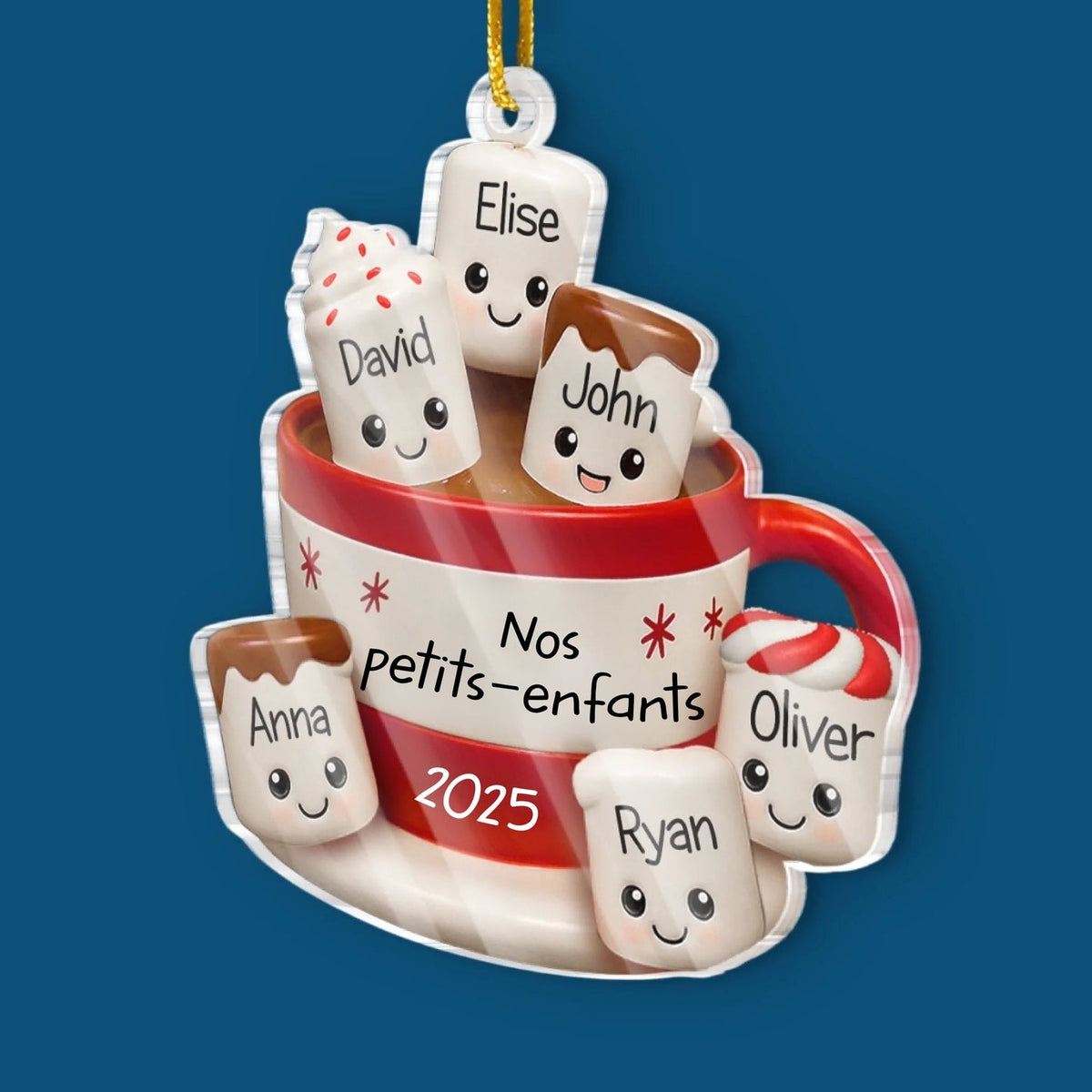 Ornement de Noël en Acrylique Personnalisé – Tasse de Chocolat Chaud avec Prénoms des Petits-Enfants