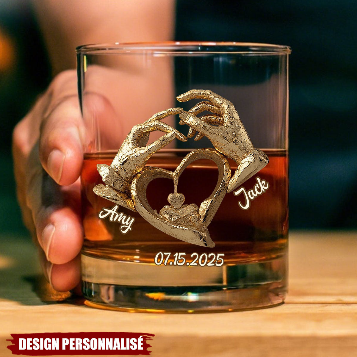 Verre à Whisky Personnalisé – Mains en Cœur & Prénoms Gravés