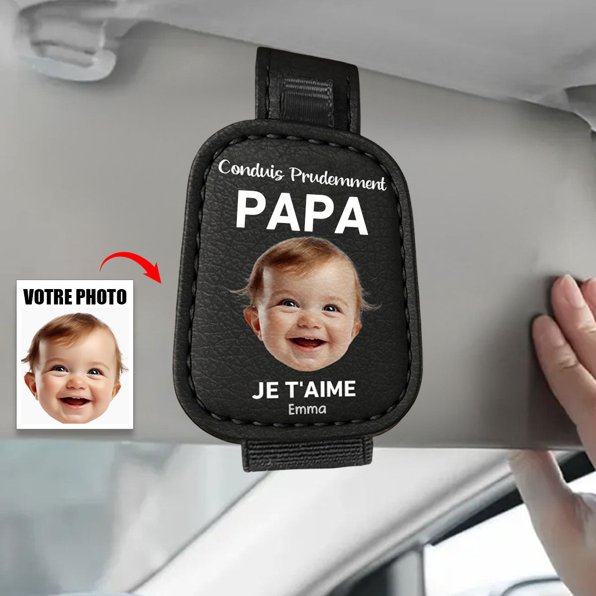 Support de lunettes de voiture personnalisé – Photo, "Conduis prudemment papa, amour éternel" – Cadeau familial personnalisé