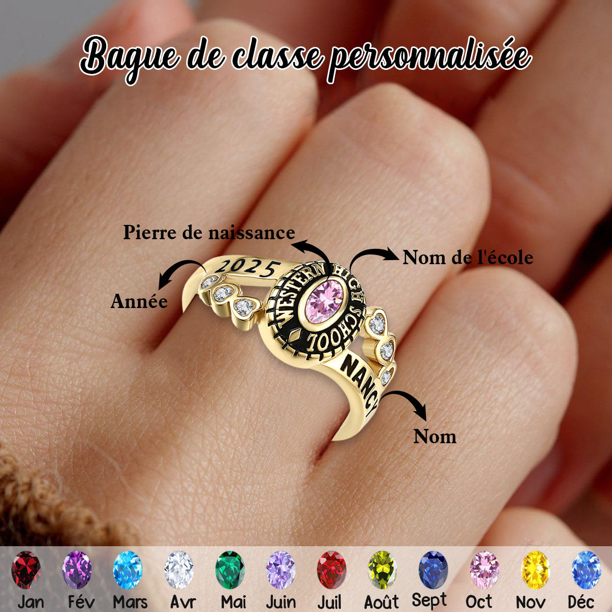 Bague de remise de diplôme personnalisée avec pierre de naissance – Gravure nom, année et texte