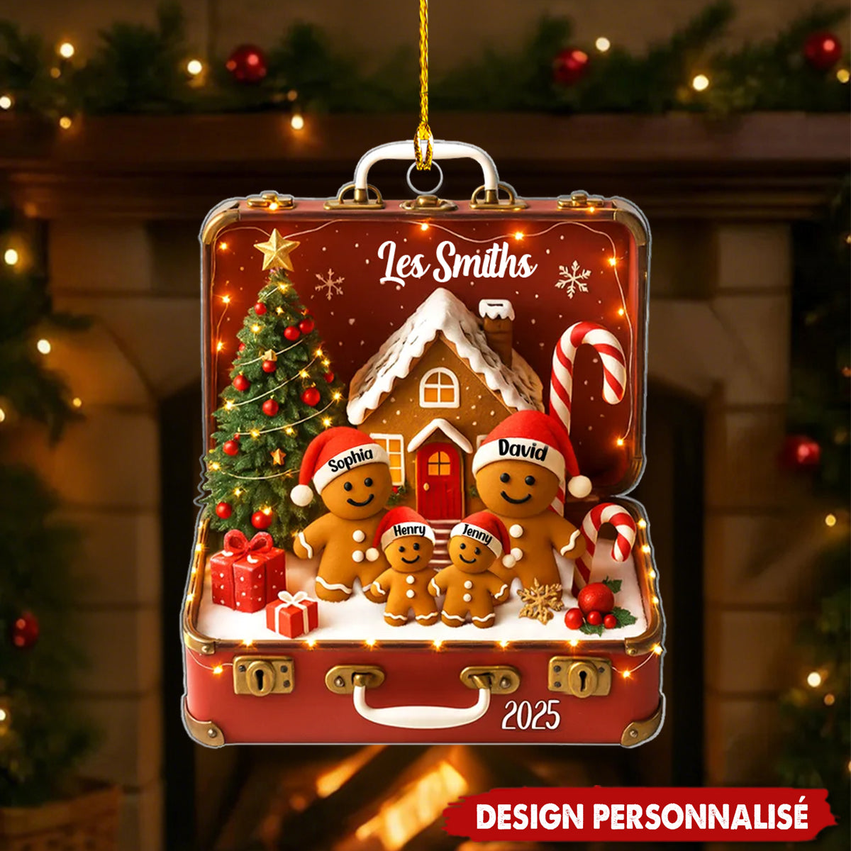 Ornement de Noël en Acrylique Personnalisé – Valise Vintage Famille Pain d’Épice