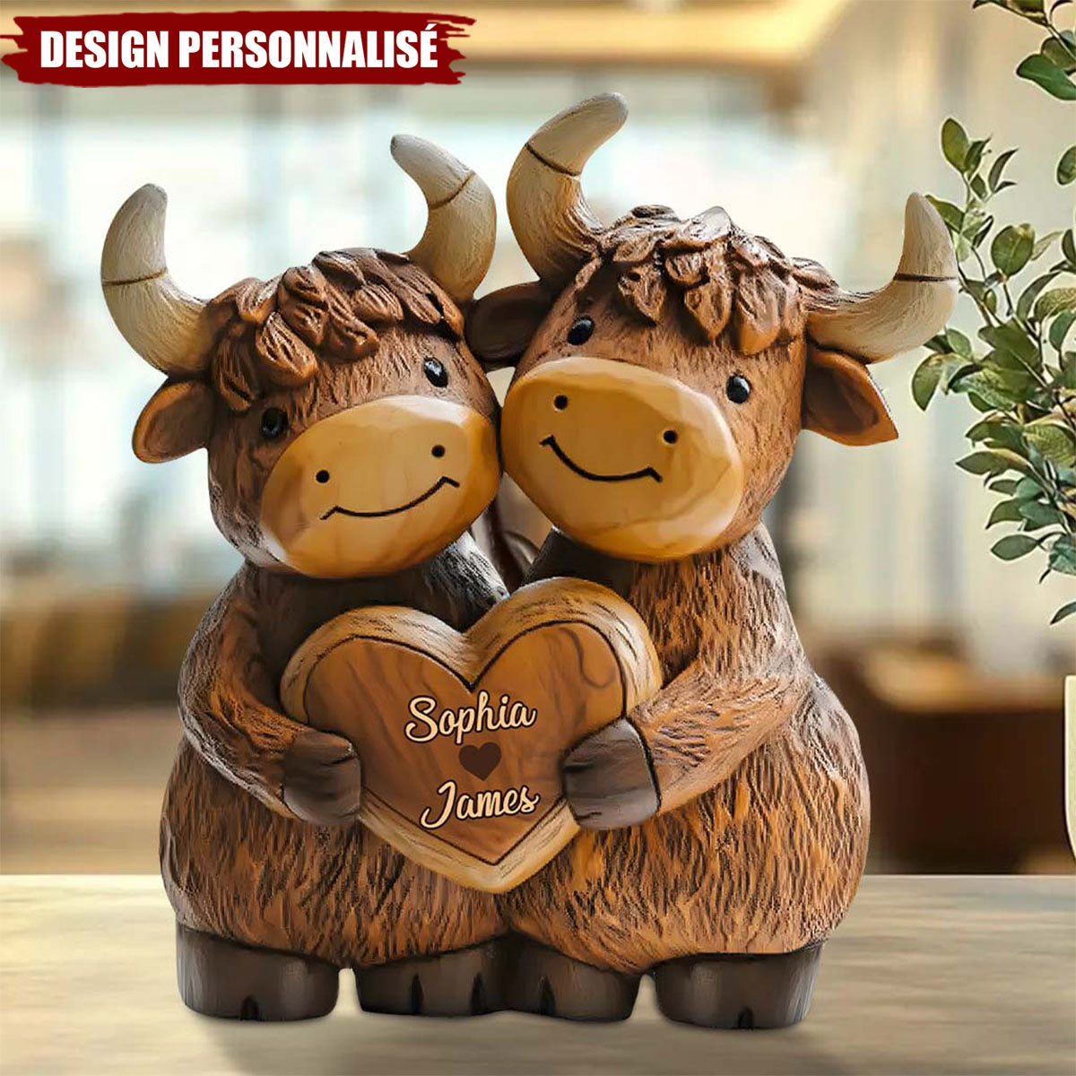Plaque Personnalisée – Couple de Yacks Amoureux avec Prénoms Gravés