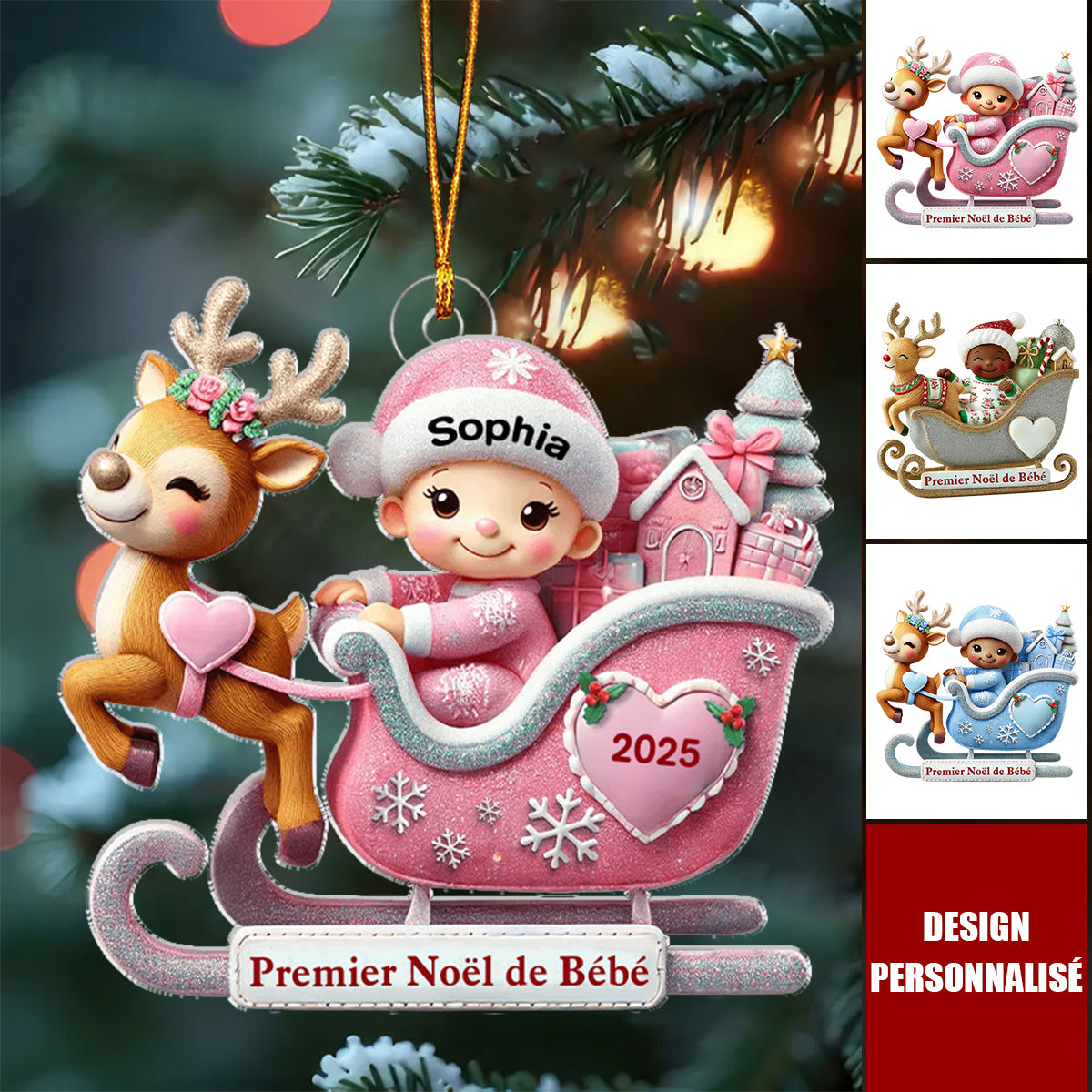 Premier Noël de Bébé – Décoration Personnalisée en Acrylique avec Traîneau et Renne