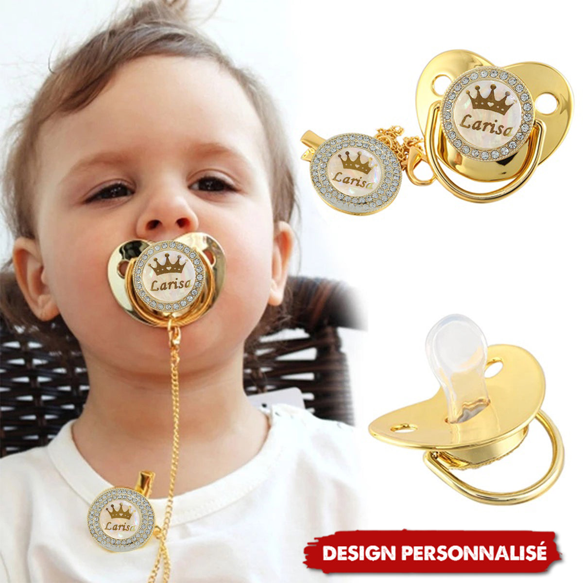 Sucette Artisanale Exquise Personnalisée avec Nom - Design Couronne et Strass