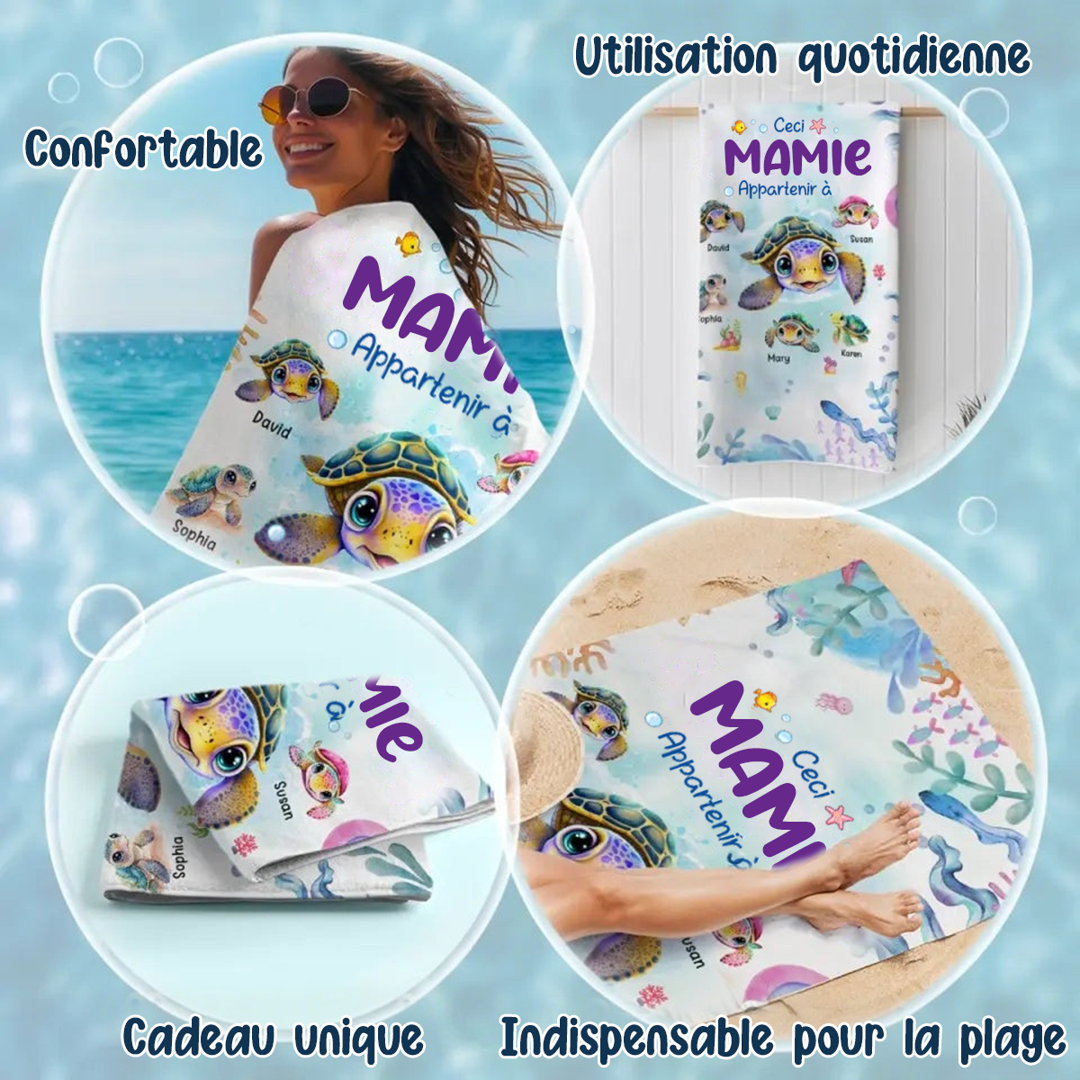Serviette de Plage Personnalisée Mamie et Petites Tortues