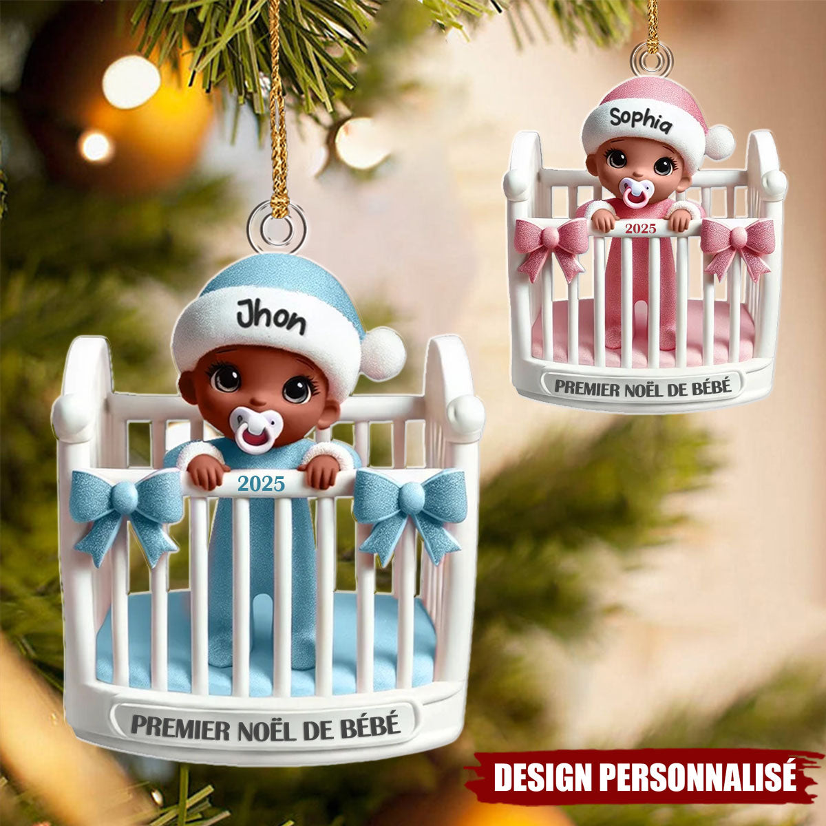 Suspension de Noël Personnalisée – Premier Noël de Bébé en Berceau avec Prénom et Année