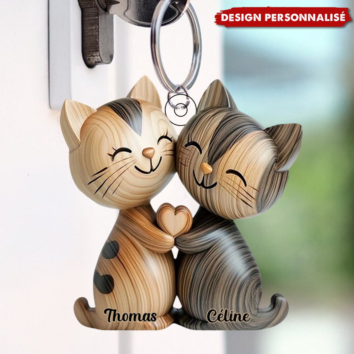 Porte-clés Chats Enlacés – Cadeau d’Amour Personnalisé avec Prénoms