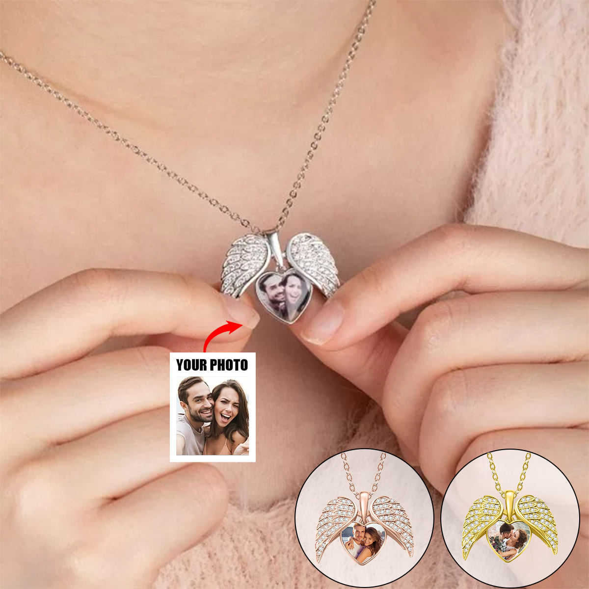 Collier Cœur Ailé avec Photo Personnalisée – Cadeau Unique d’Amour et de Souvenir