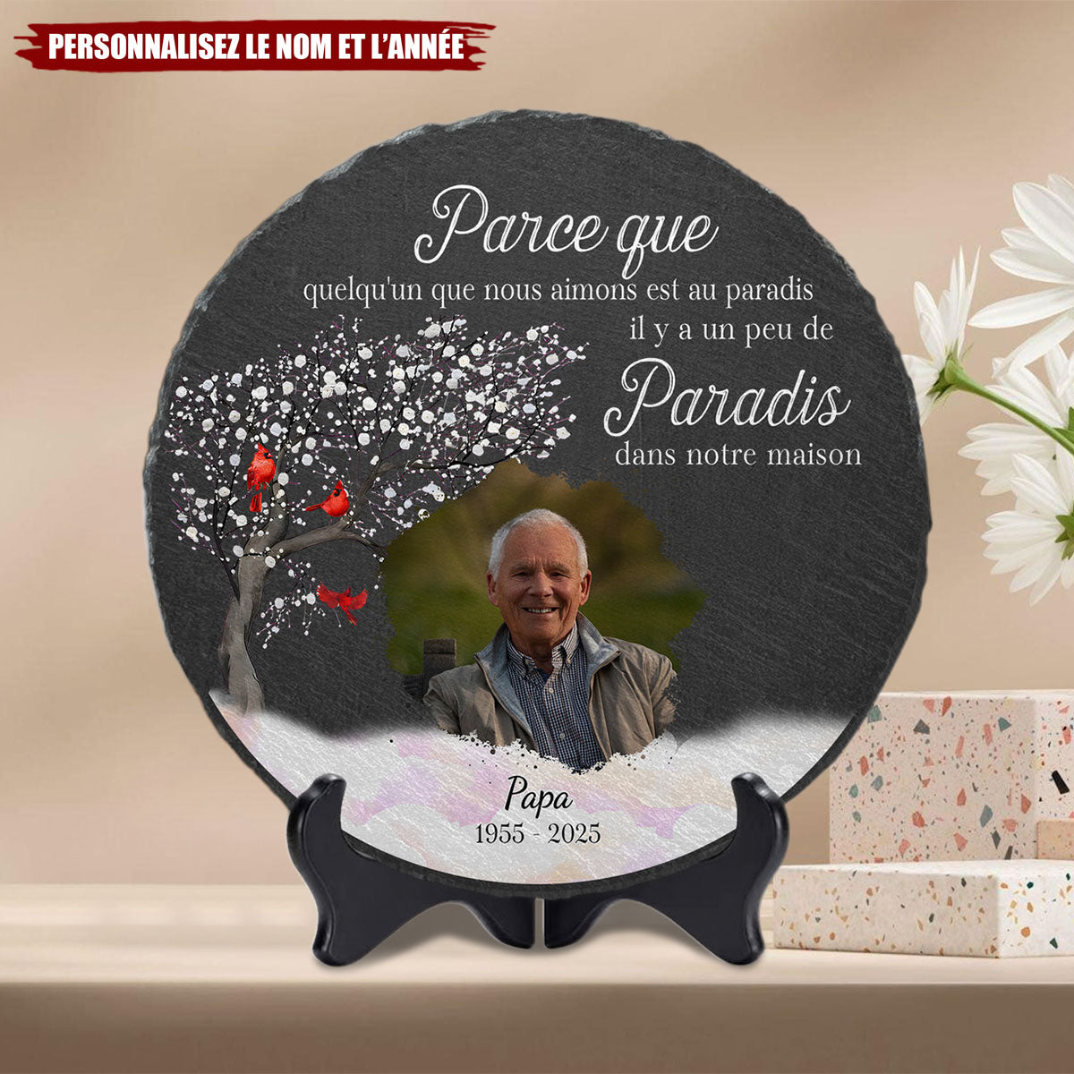 Pierre Commémorative Personnalisée – “Parce que quelqu’un que nous aimons est au paradis”