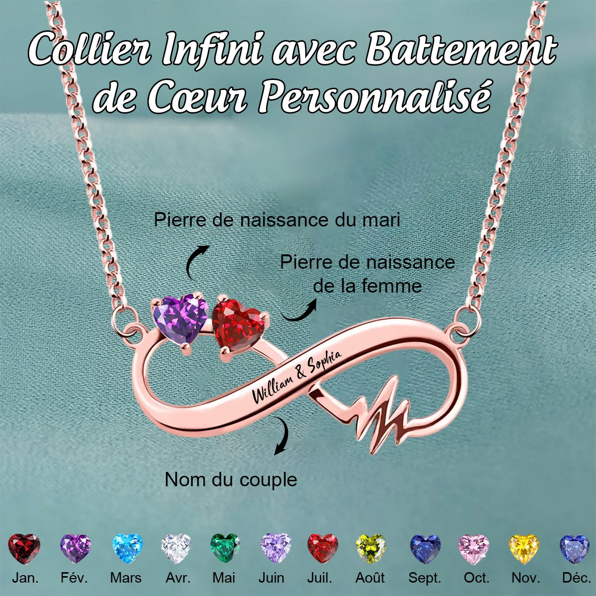Collier Infini avec Gravure Personnalisée et Pierres de Naissance en Forme de Cœur