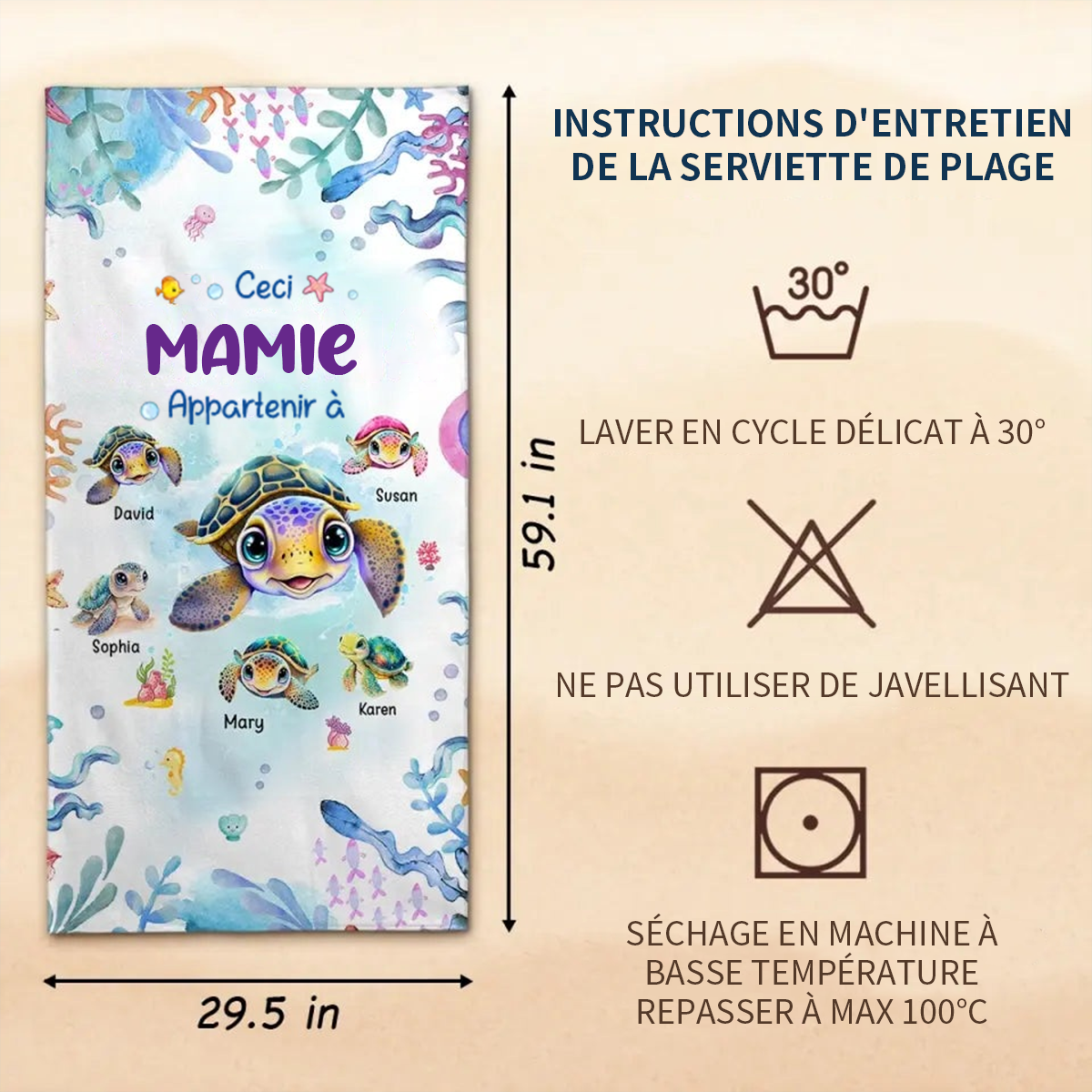 Serviette de Plage Personnalisée Mamie et Petites Tortues