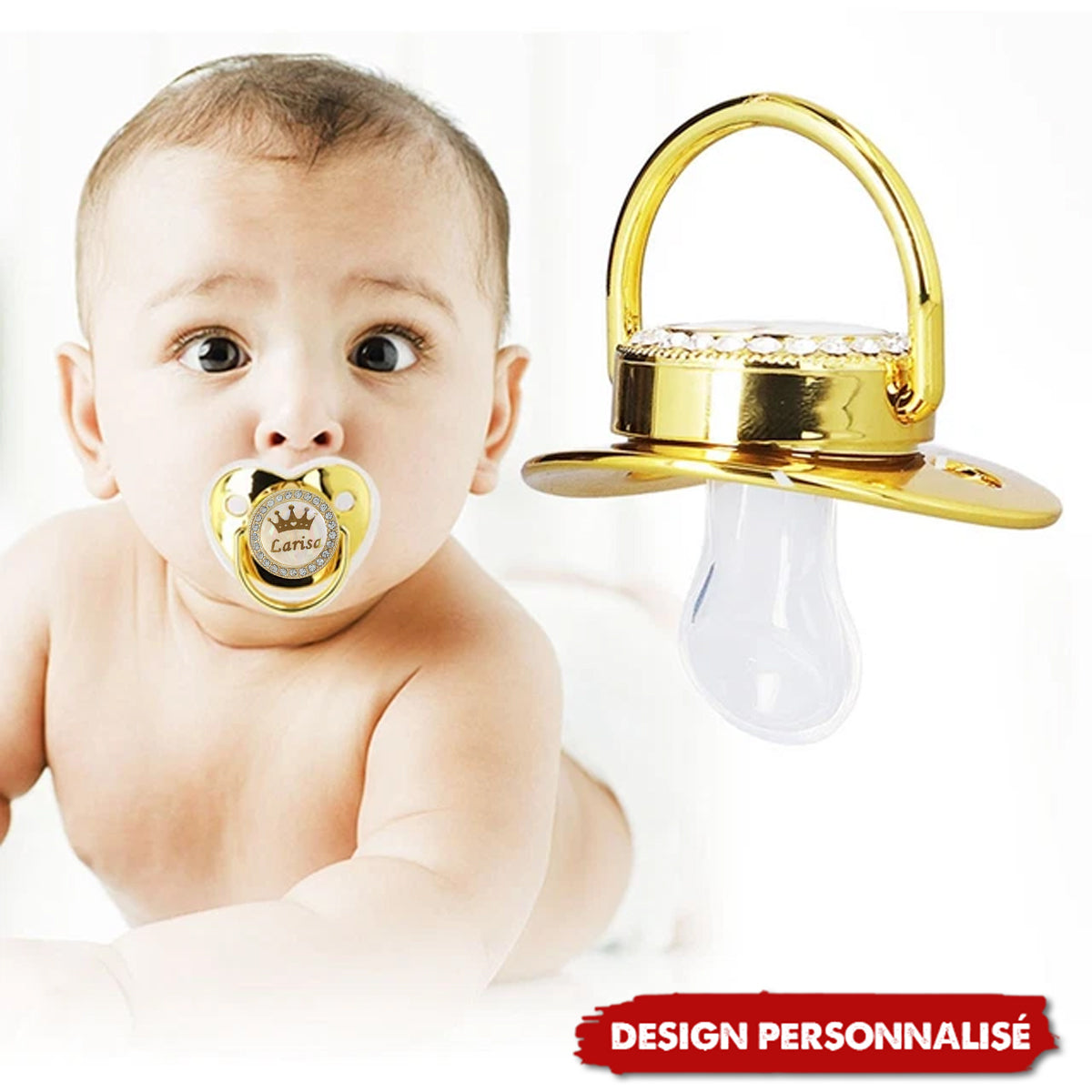 Sucette Artisanale Exquise Personnalisée avec Nom - Design Couronne et Strass