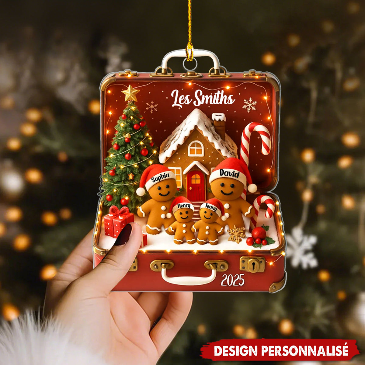 Ornement de Noël en Acrylique Personnalisé – Valise Vintage Famille Pain d’Épice