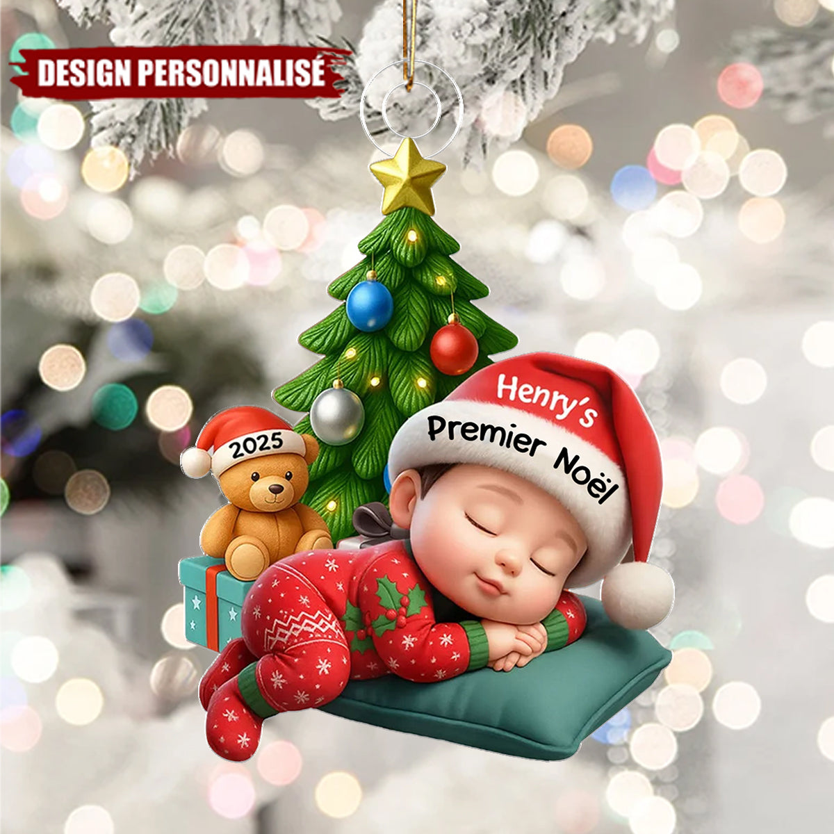 Décoration de Noël Personnalisée en Acrylique – Bébé Dormant en Pyjama Festif