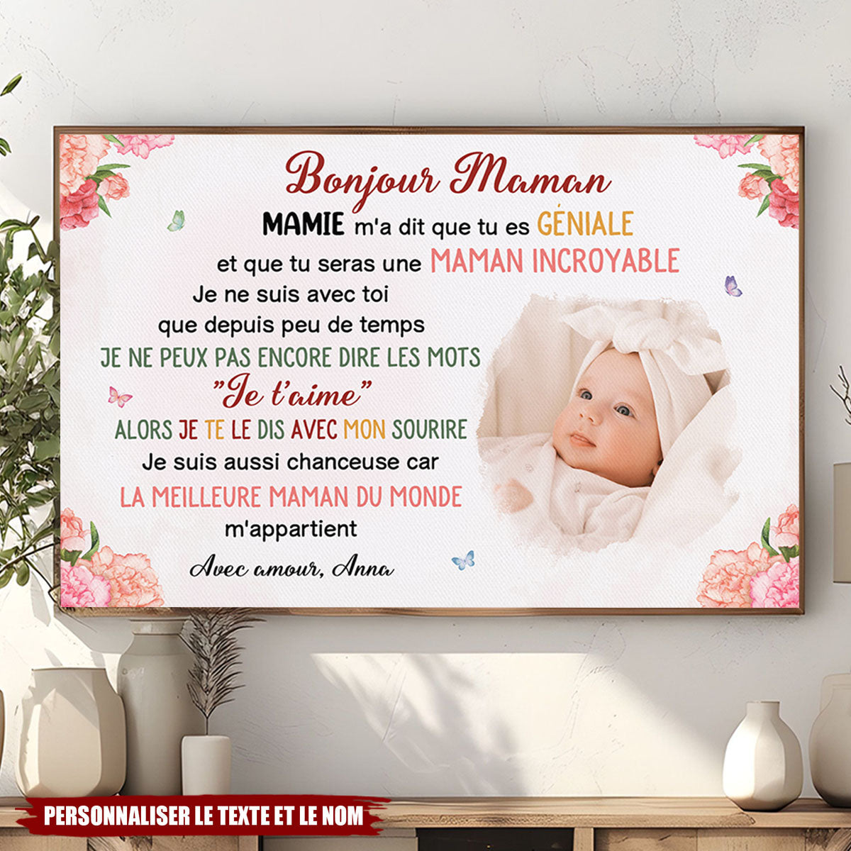 Toile Personnalisée “Bonjour Maman” – Message d’Amour de Bébé à Maman
