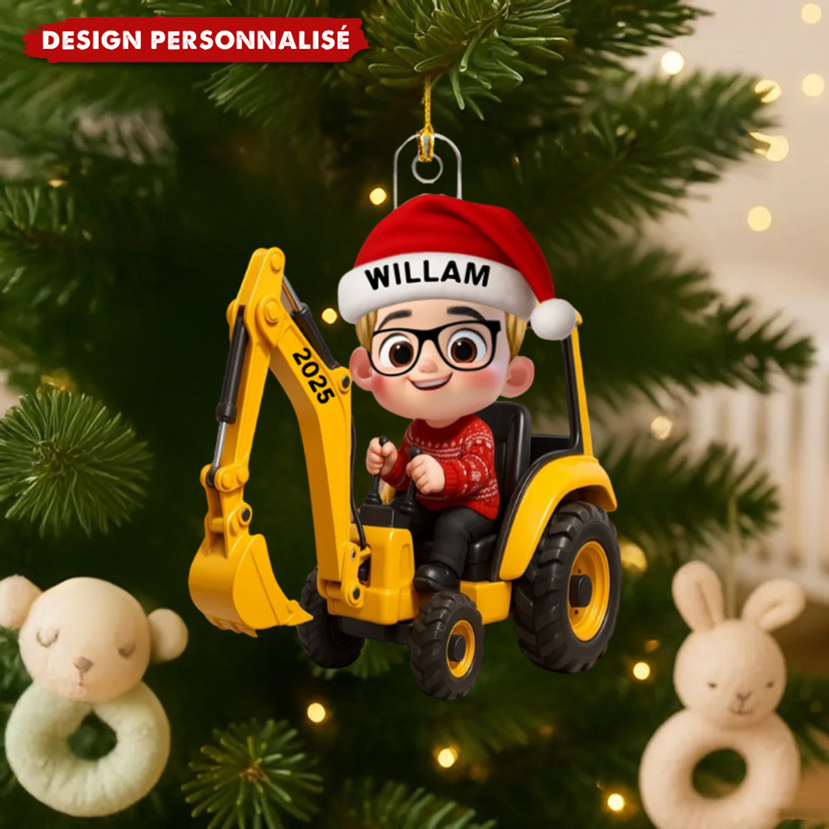 Ornement de Noël Personnalisé – Petit Conducteur sur Tracteur ou Pelleteuse