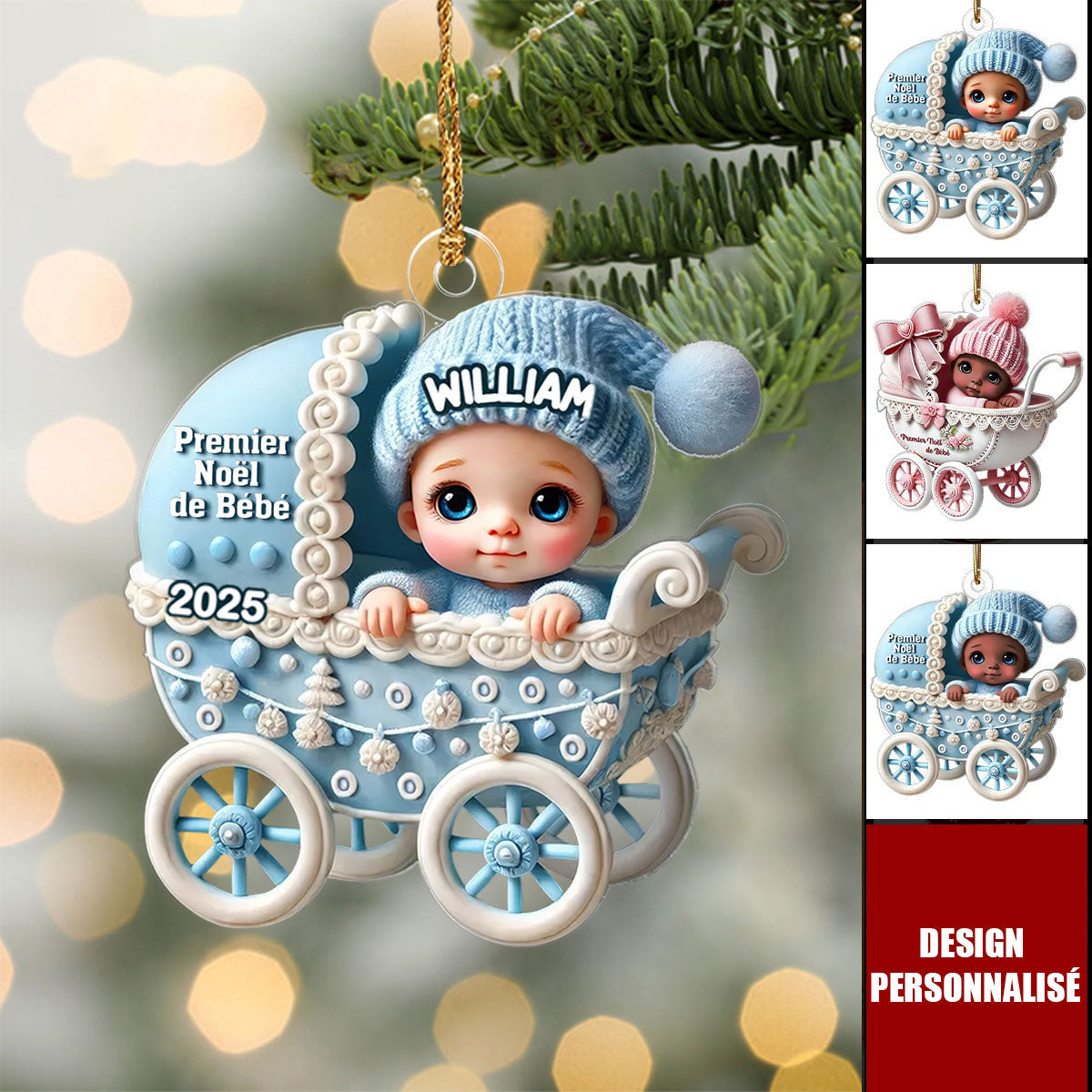 Suspension de Noël Personnalisée – Bébé nouveau-né dans un landau