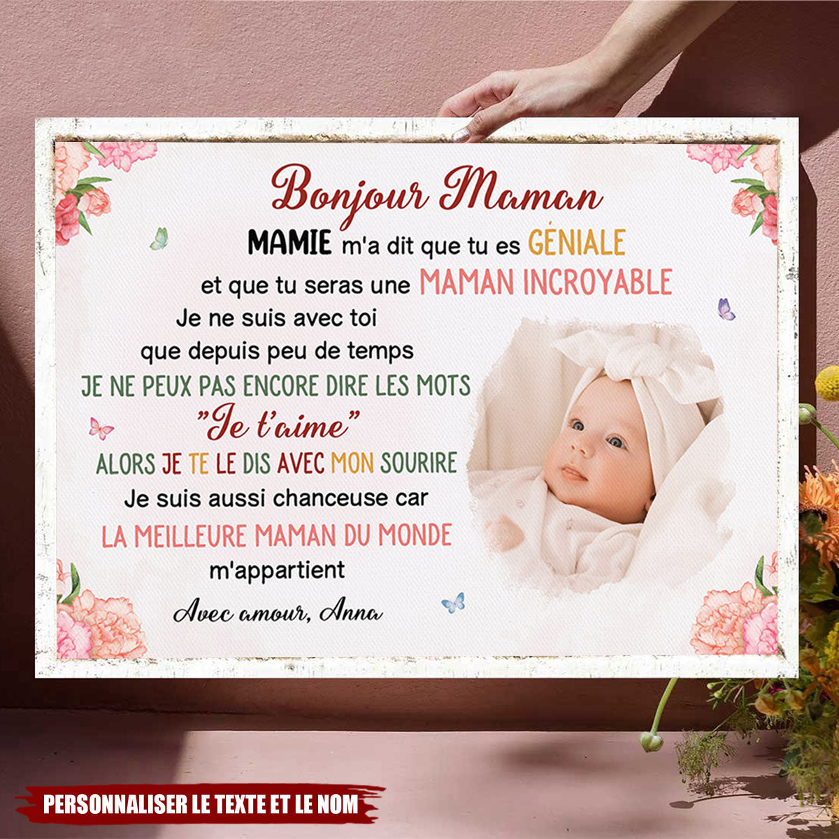 Toile Personnalisée “Bonjour Maman” – Message d’Amour de Bébé à Maman