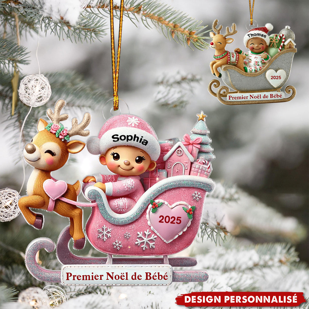 Premier Noël de Bébé – Décoration Personnalisée en Acrylique avec Traîneau et Renne