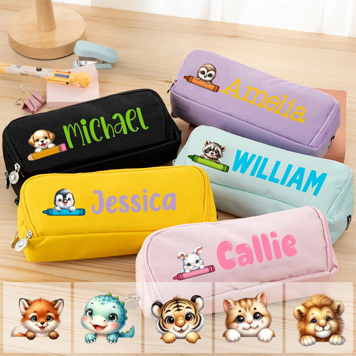 Trousse Scolaire Personnalisée avec Prénom et Animal – Grande Capacité