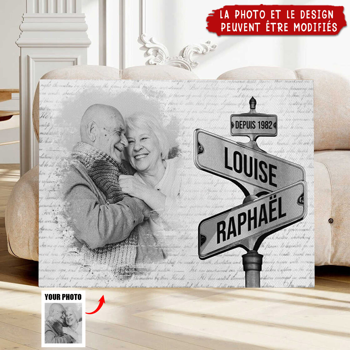 Toile Version Panneau De Rue Vintage Avec Photo - Tableau Personnalisé Pour Couple
