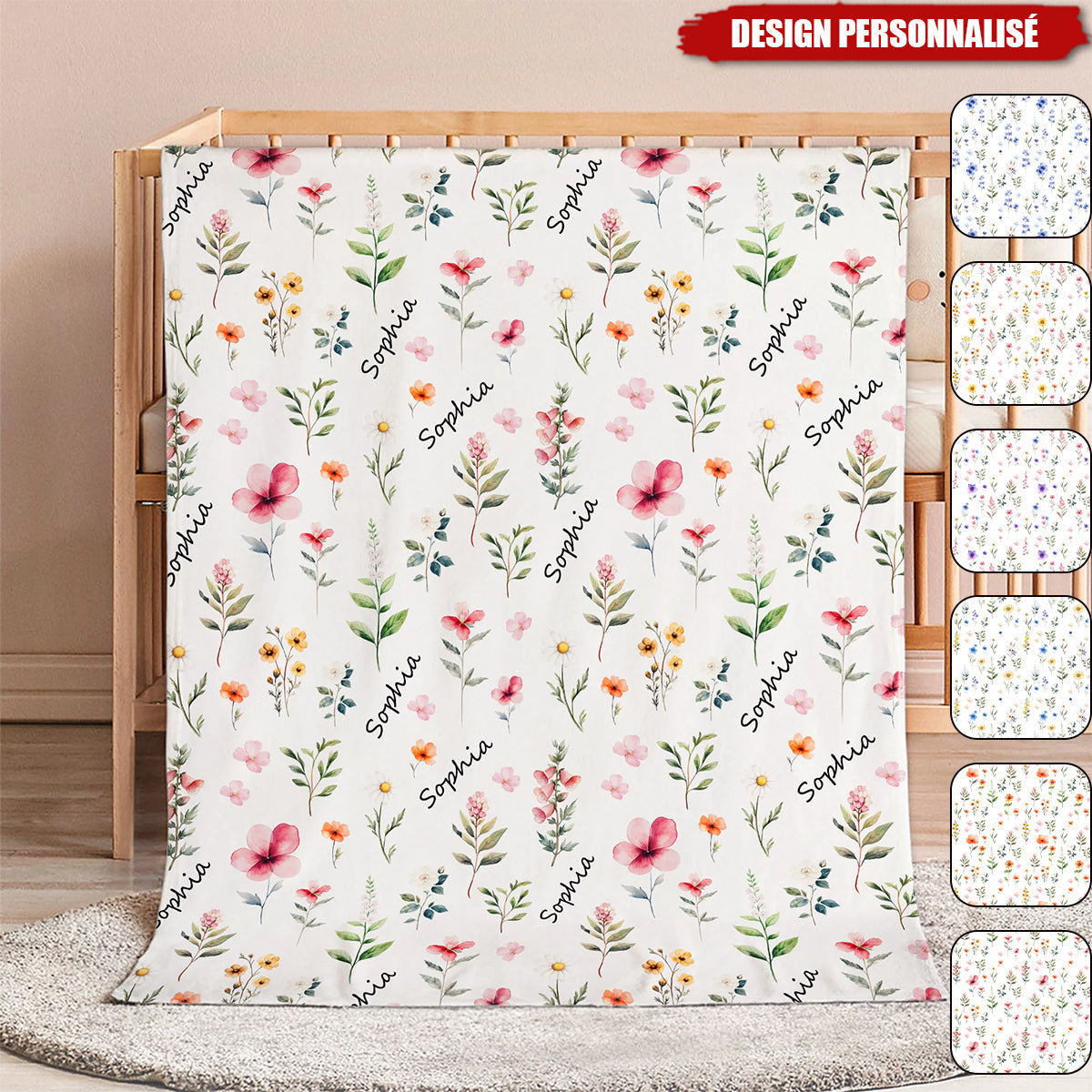 Couverture Personnalisée à Motifs Floraux – Cadeau Doux et Élégant pour Enfants, Bébés ou Adultes