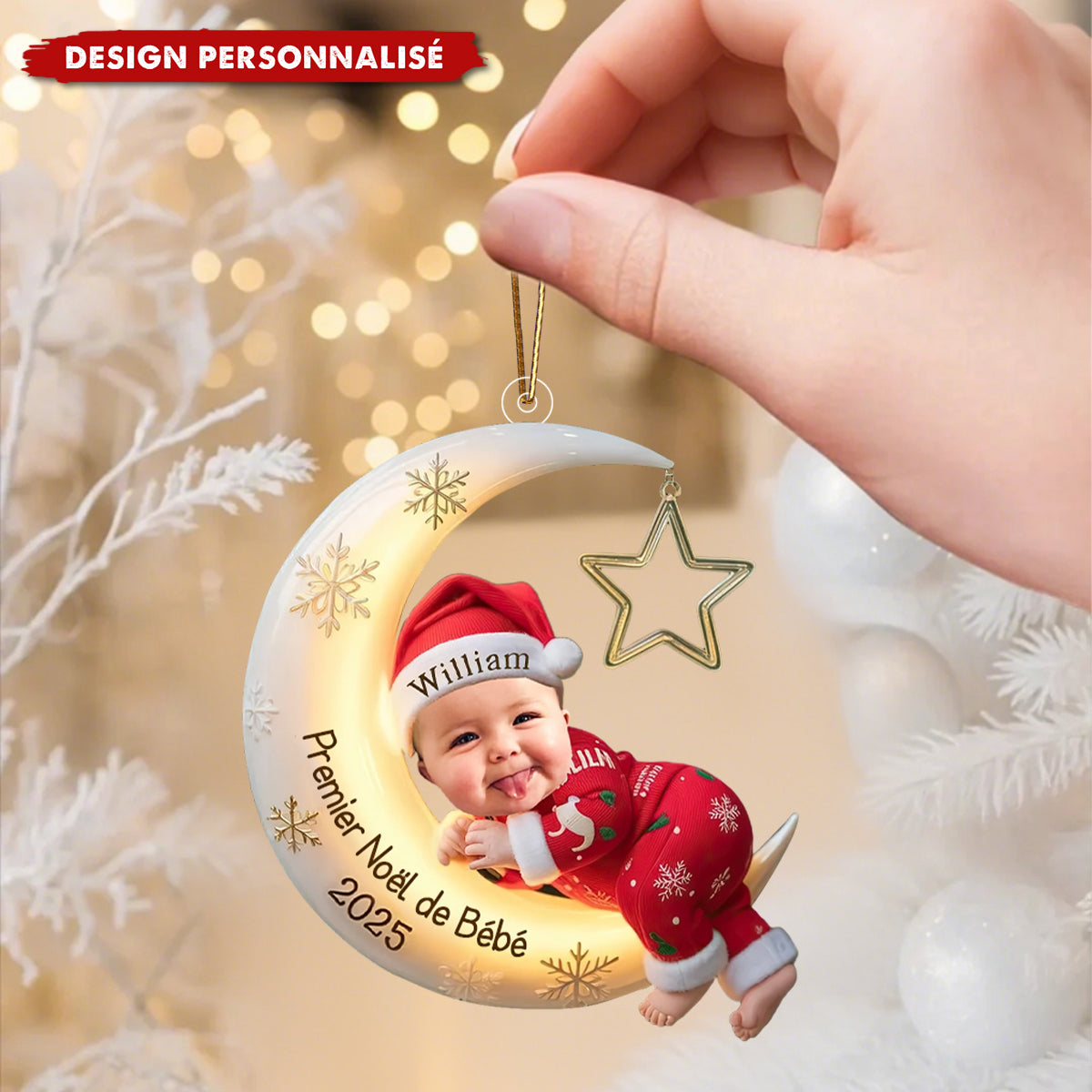 Ornement de Noël Personnalisée – Bébé sur la Lune, Premier Noël 2025