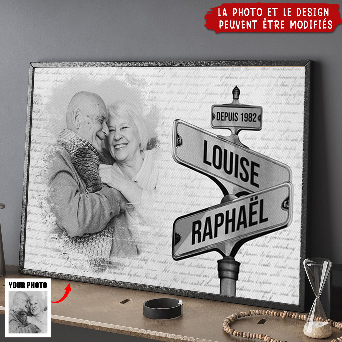 Toile Version Panneau De Rue Vintage Avec Photo - Tableau Personnalisé Pour Couple