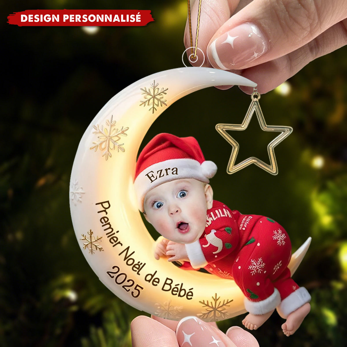 Ornement de Noël Personnalisée – Bébé sur la Lune, Premier Noël 2025