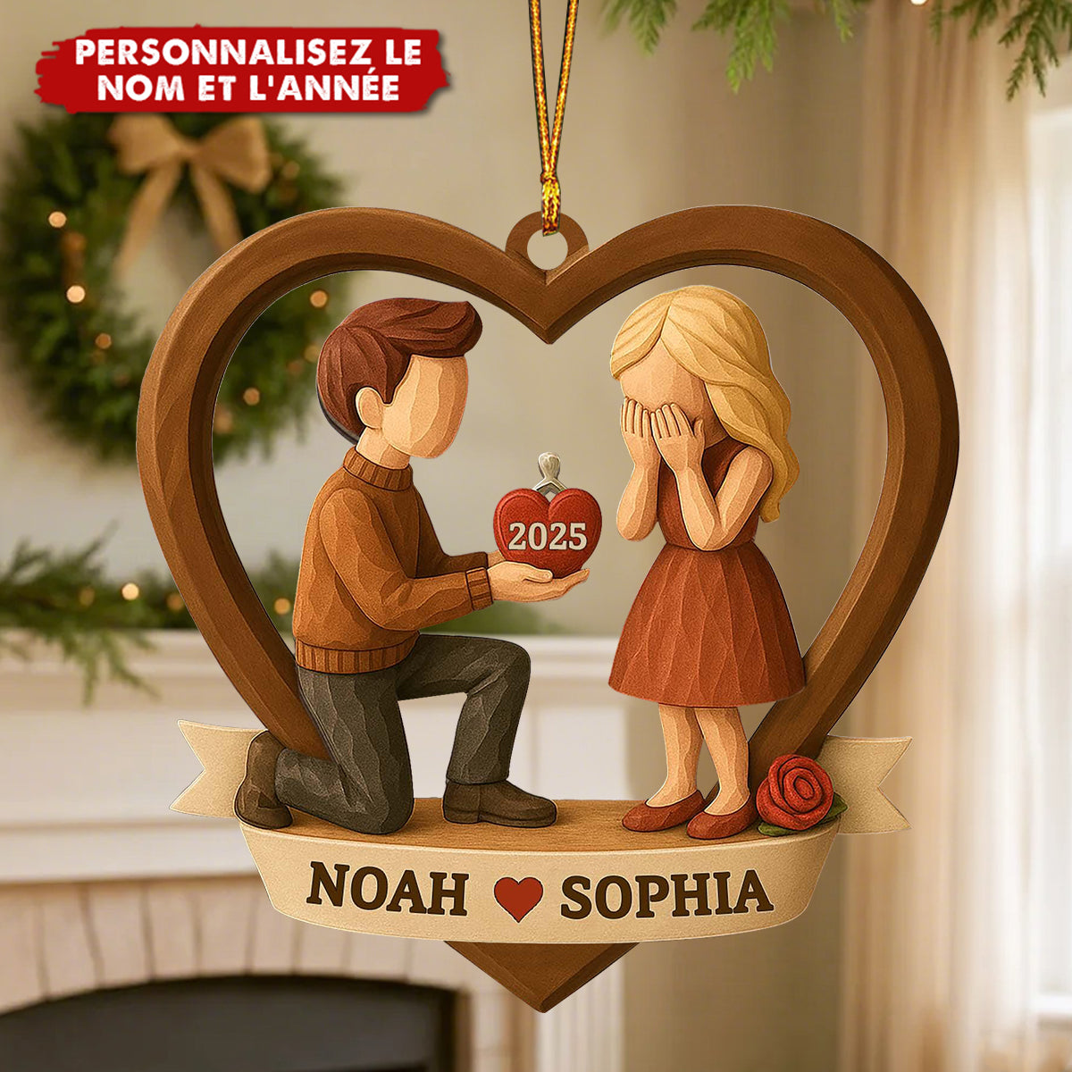 Ornement Personnalisée de Demande en Mariage – Couple dans un Cœur avec Nom & Année