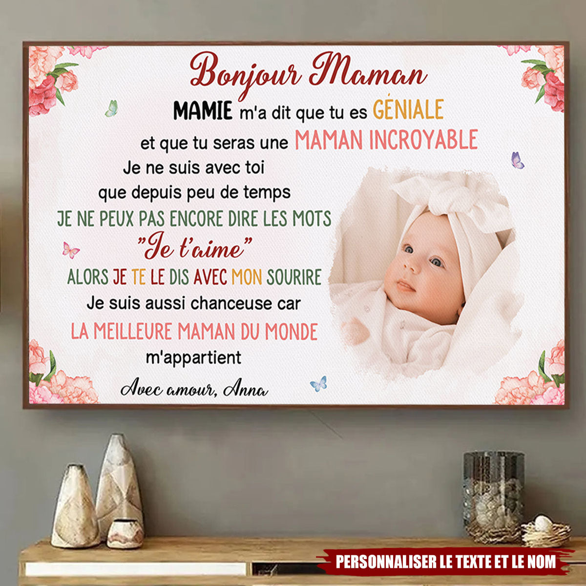 Toile Personnalisée “Bonjour Maman” – Message d’Amour de Bébé à Maman