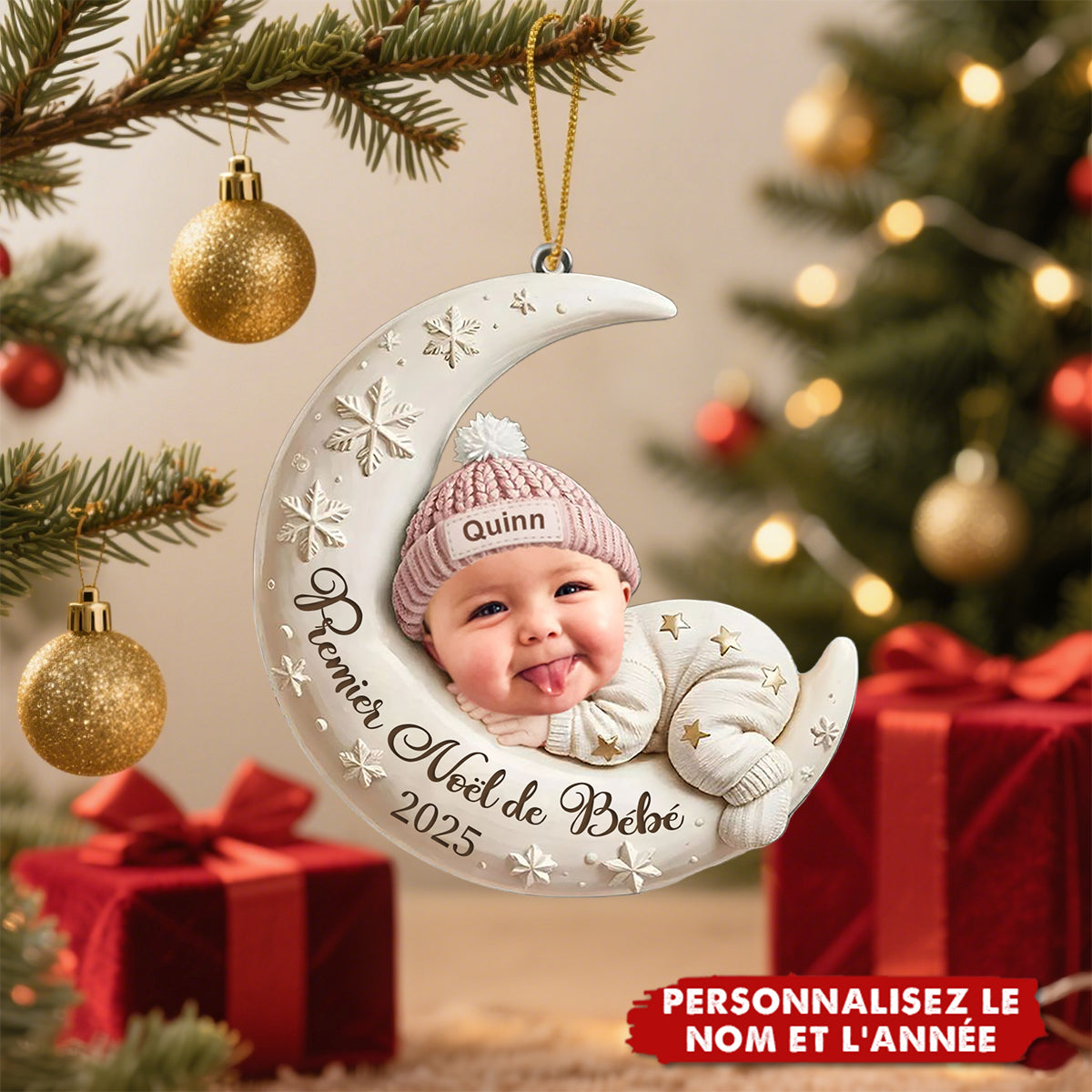 Décoration de Noël Personnalisée – Premier Noël de Bébé sur la Lune