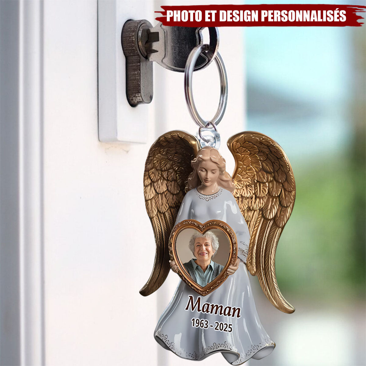 Porte-clés acrylique personnalisé avec ailes d'ange et photo