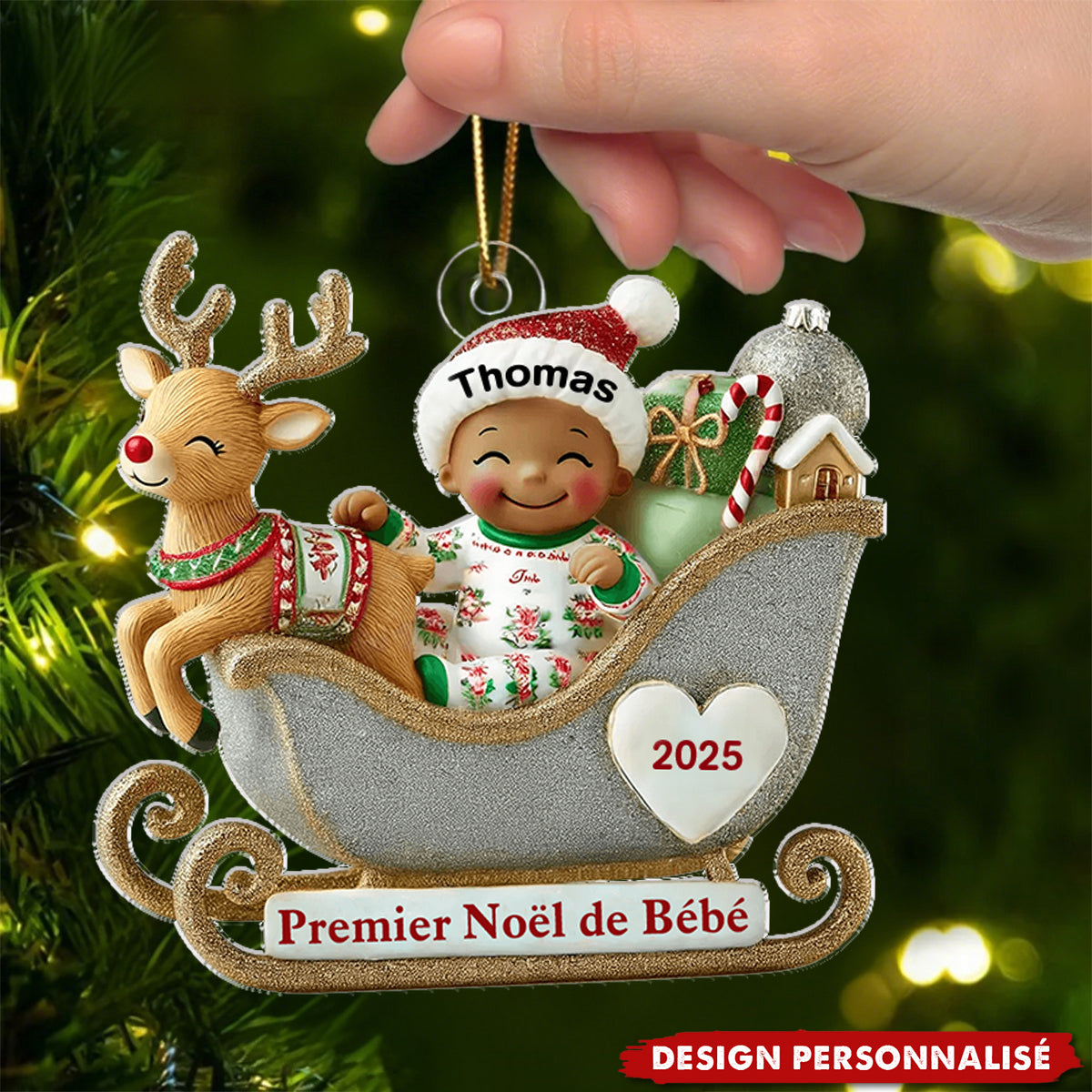Premier Noël de Bébé – Décoration Personnalisée en Acrylique avec Traîneau et Renne