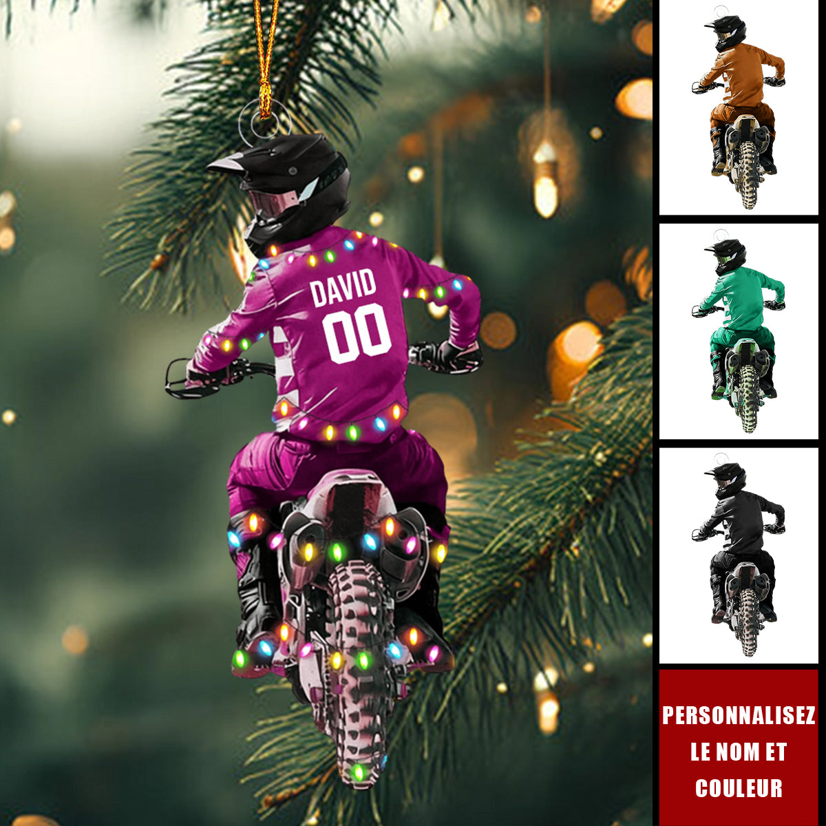 Ornement de Noël Motocross Personnalisée – Ajoutez Nom, Numéro et Couleur