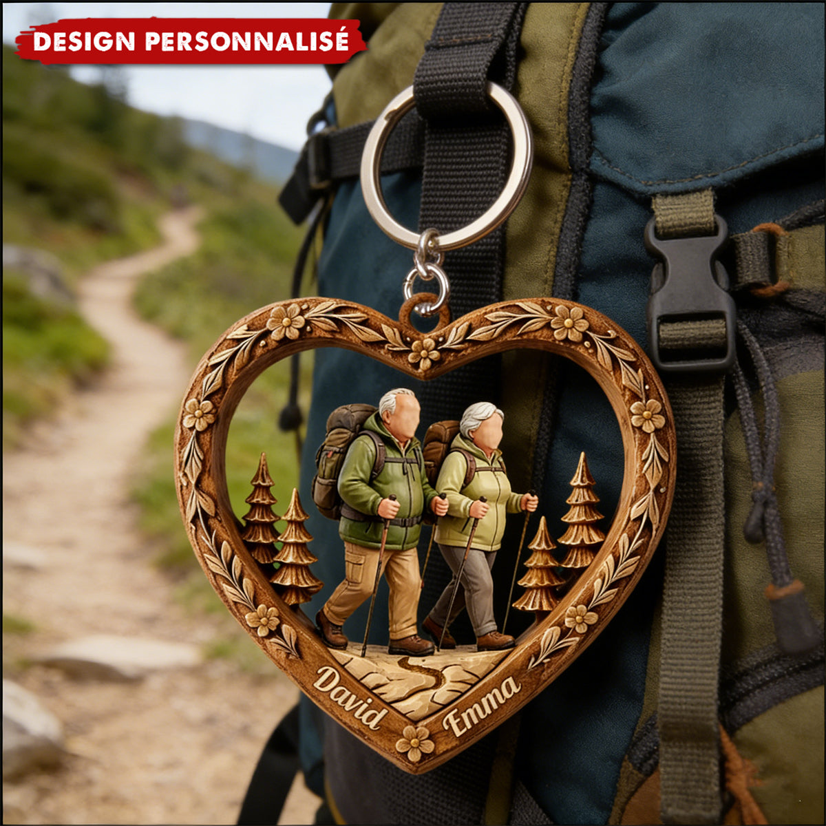 Porte-clés couple randonneurs personnalisé — Cadeau pour randonneurs et couples