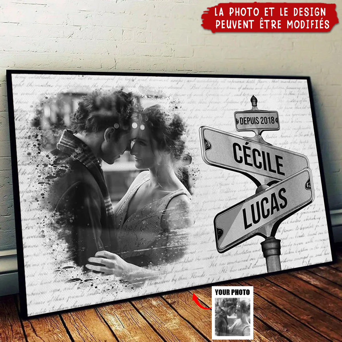 Toile Version Panneau De Rue Vintage Avec Photo - Tableau Personnalisé Pour Couple