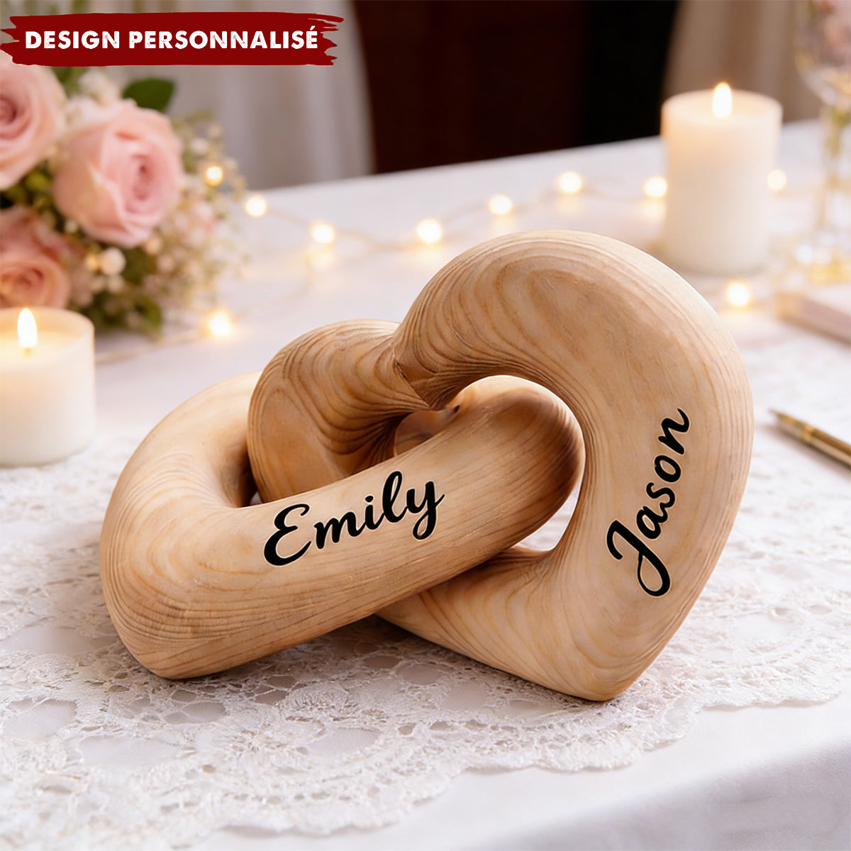 Sculture Cœur Infini en Bois Personnalisée – Décoration Romantique et Cadeau d’Amour Éternel