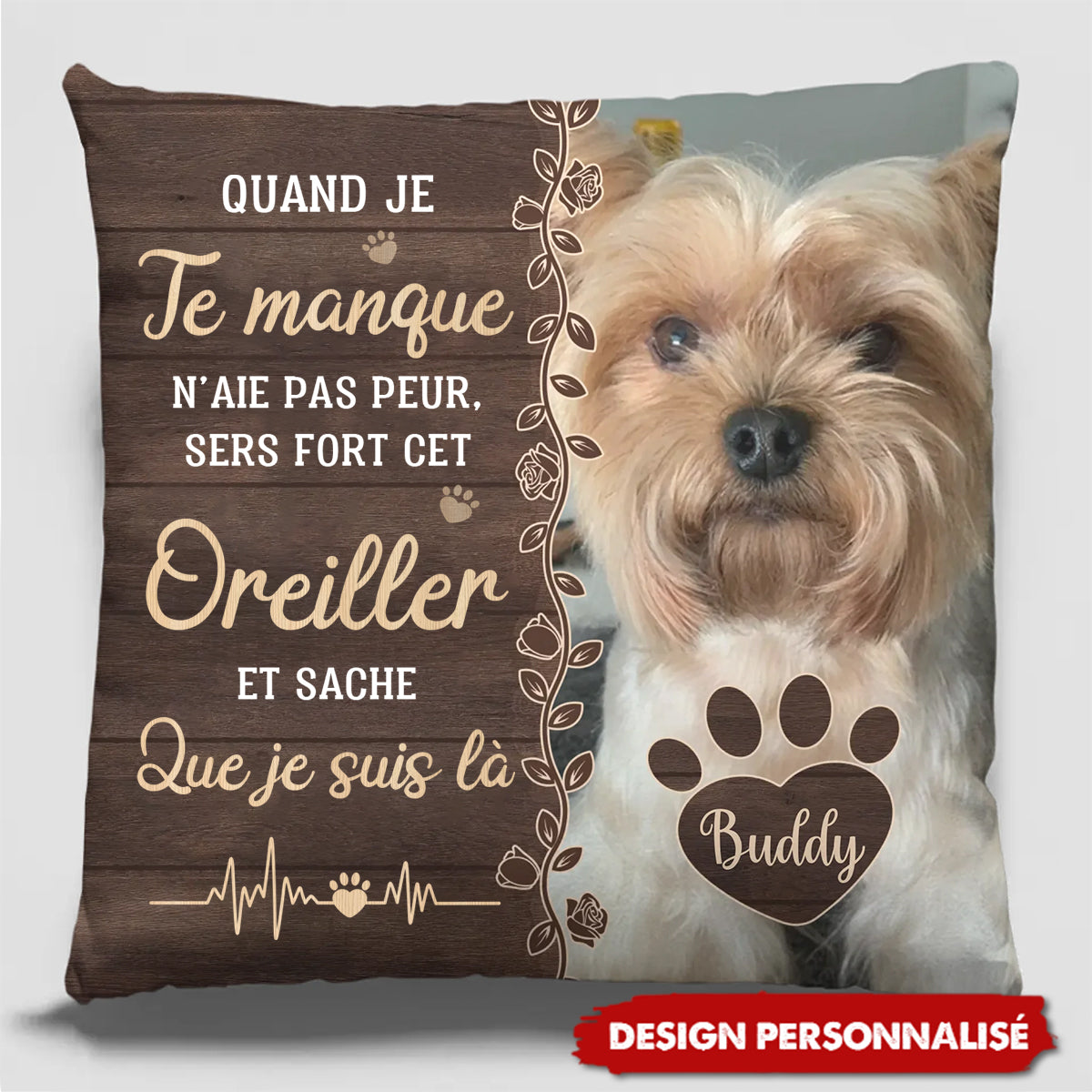 Coussin Personnalisé avec Photo de Chien et Message d’Amour – Cadeau Émotionnel et Réconfortant