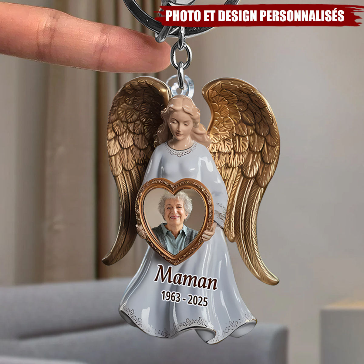 Porte-clés acrylique personnalisé avec ailes d'ange et photo