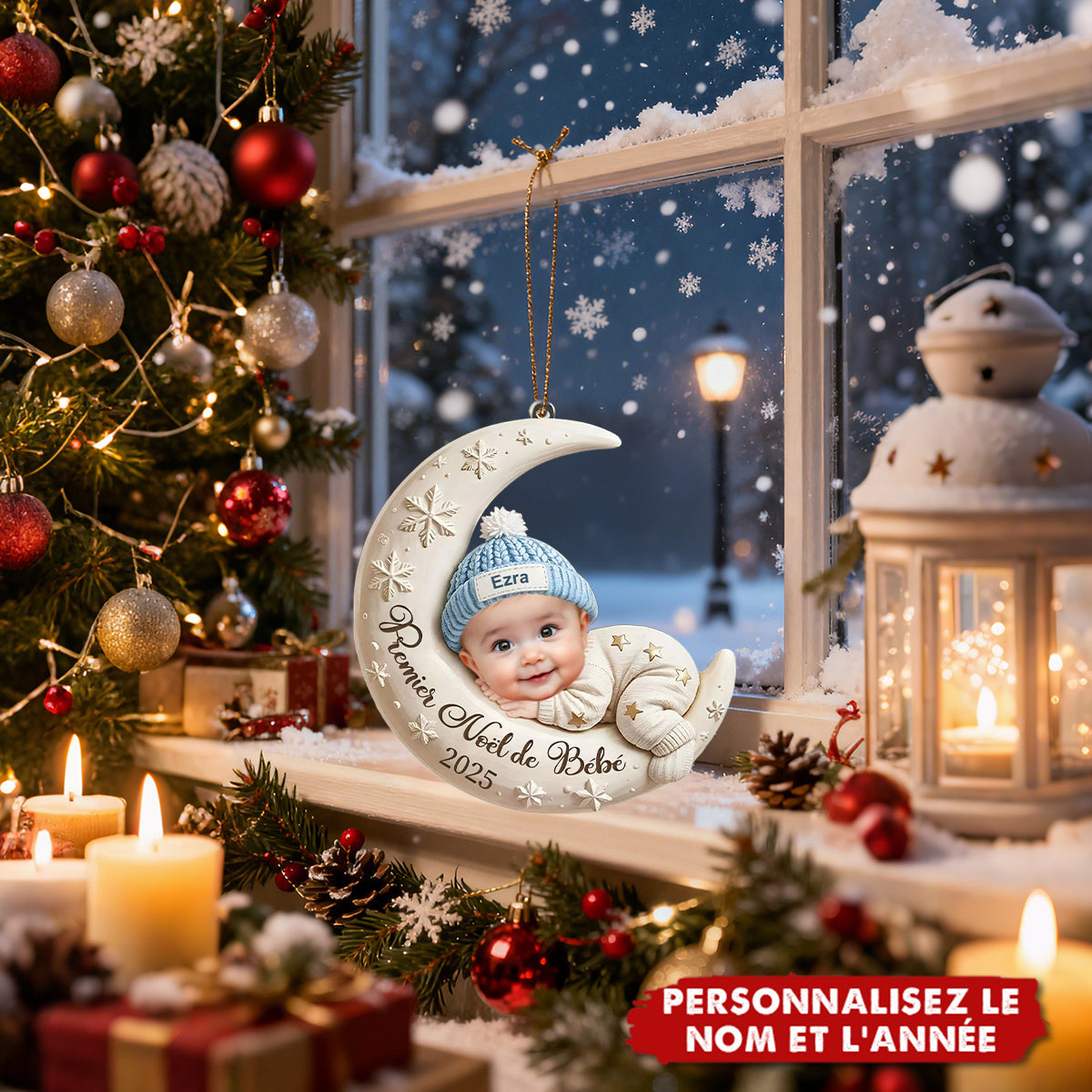 Décoration de Noël Personnalisée – Premier Noël de Bébé sur la Lune