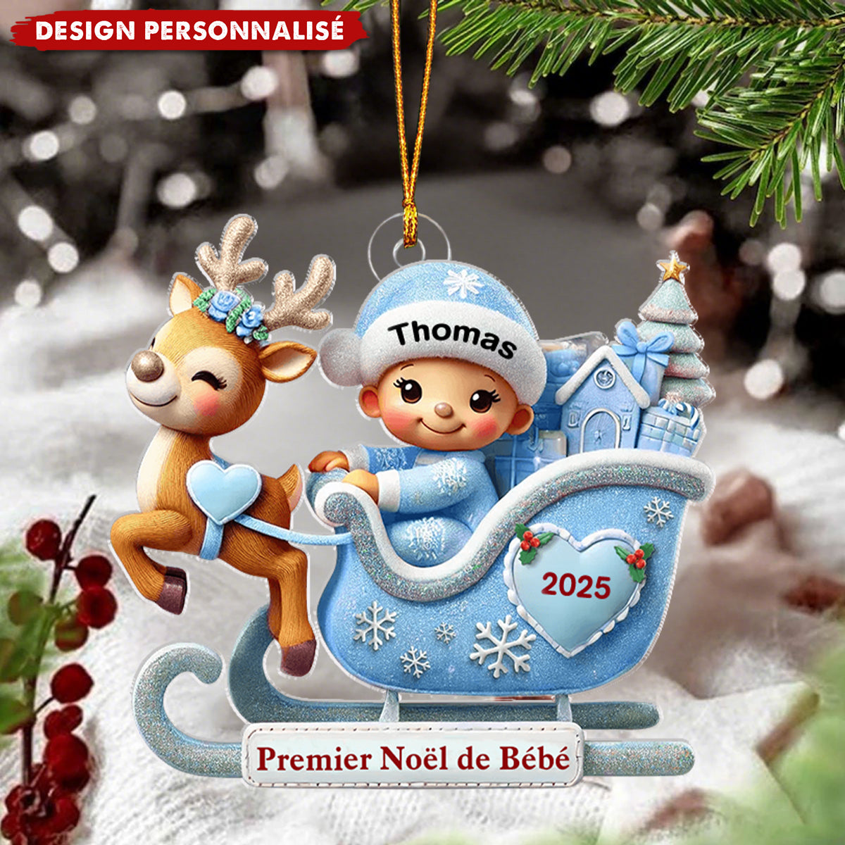 Premier Noël de Bébé – Décoration Personnalisée en Acrylique avec Traîneau et Renne
