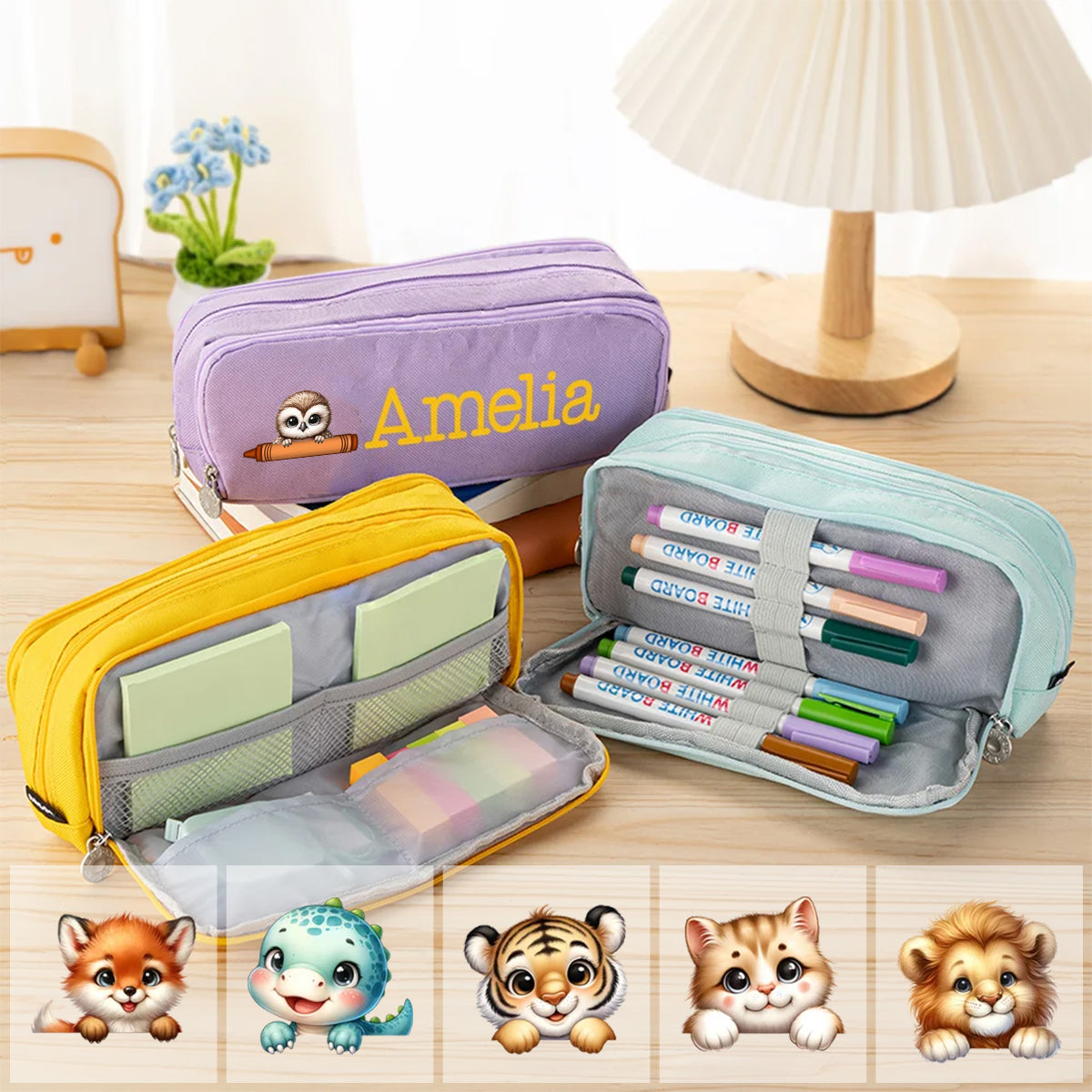 Trousse Scolaire Personnalisée avec Prénom et Animal – Grande Capacité