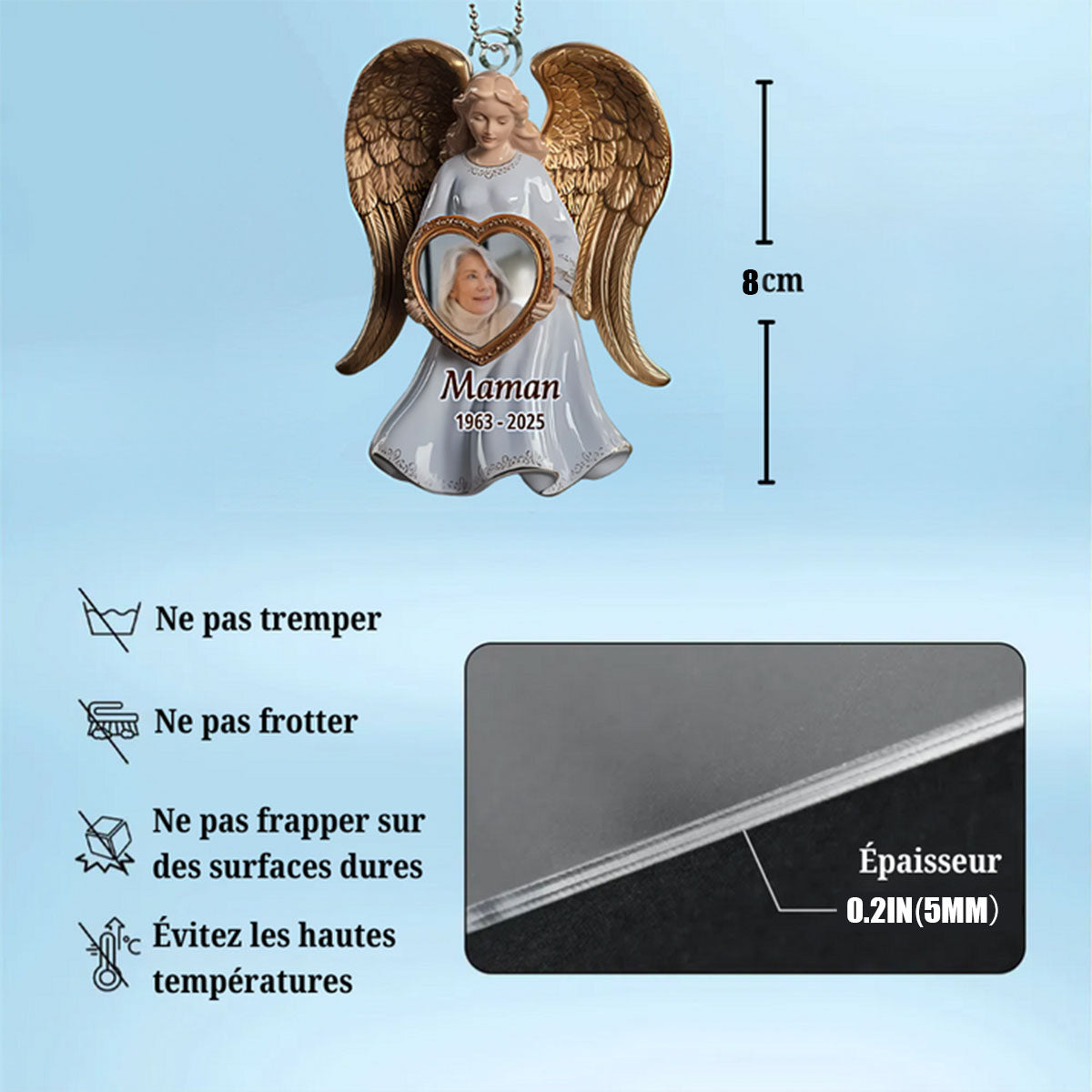 Porte-clés acrylique personnalisé avec ailes d'ange et photo