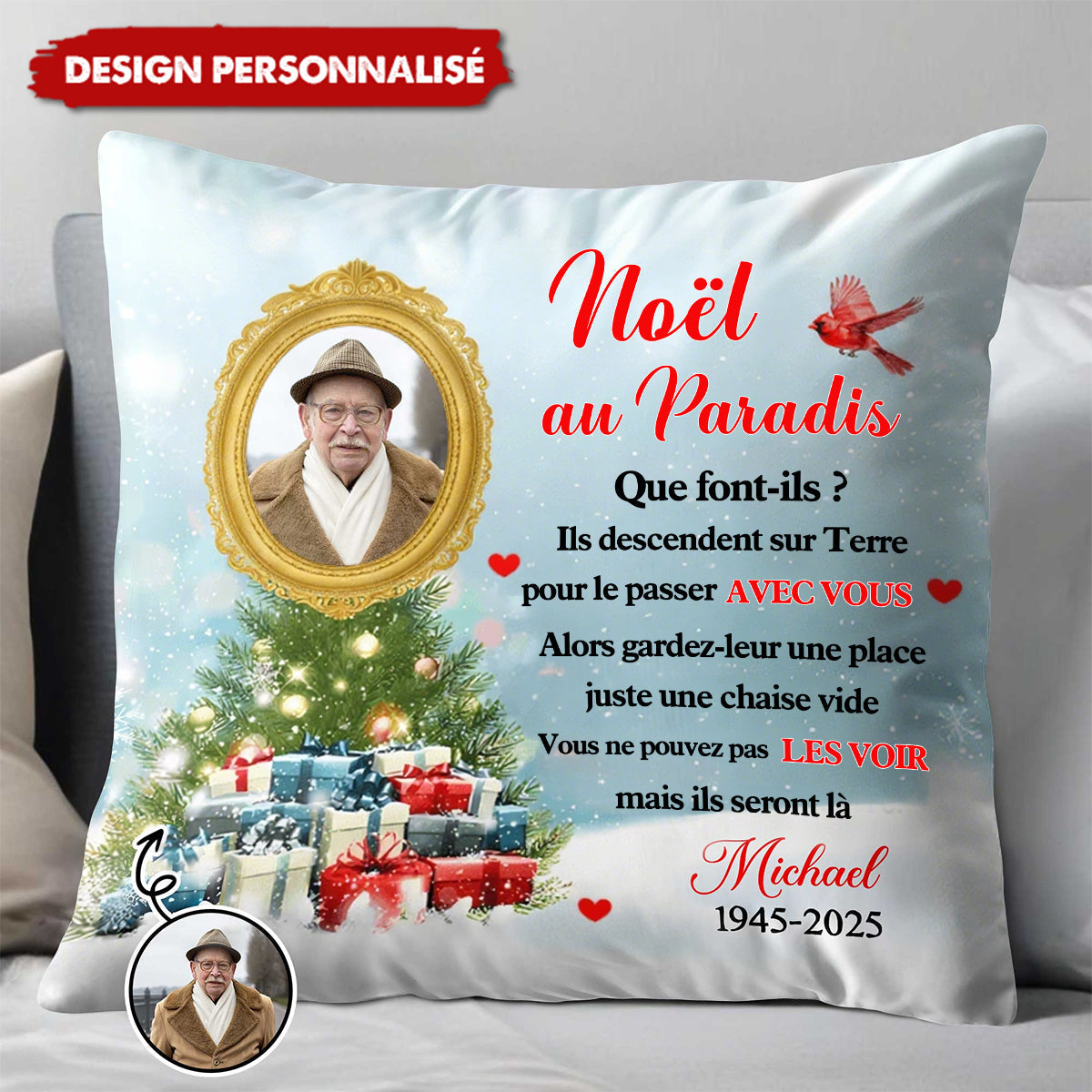 Coussin Commémoratif Personnalisé – Noël au Paradis