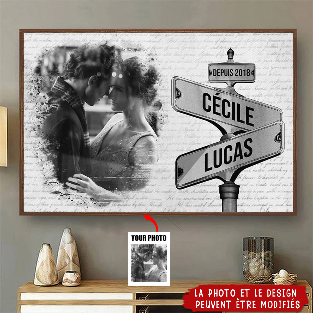 Toile Version Panneau De Rue Vintage Avec Photo - Tableau Personnalisé Pour Couple