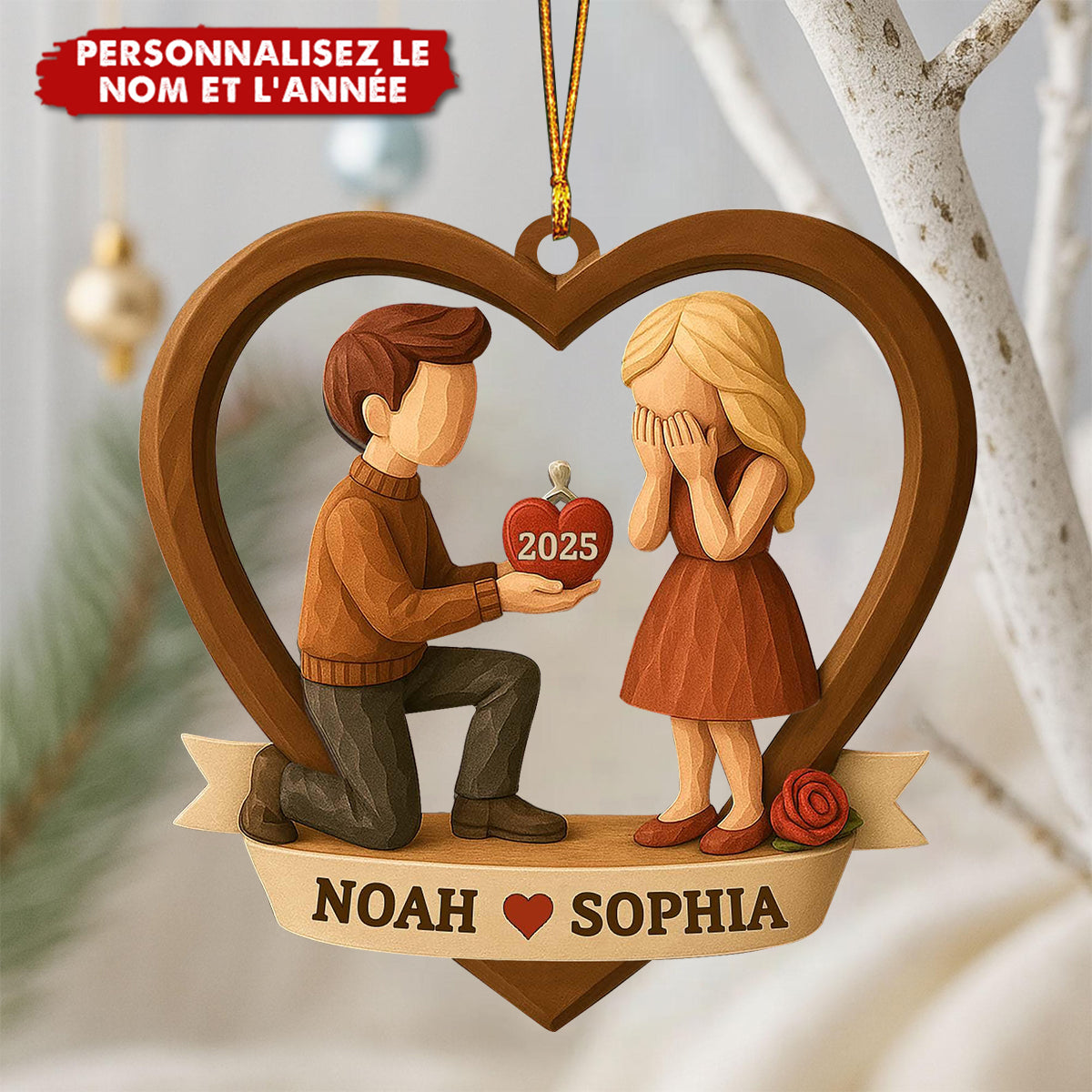 Ornement Personnalisée de Demande en Mariage – Couple dans un Cœur avec Nom & Année