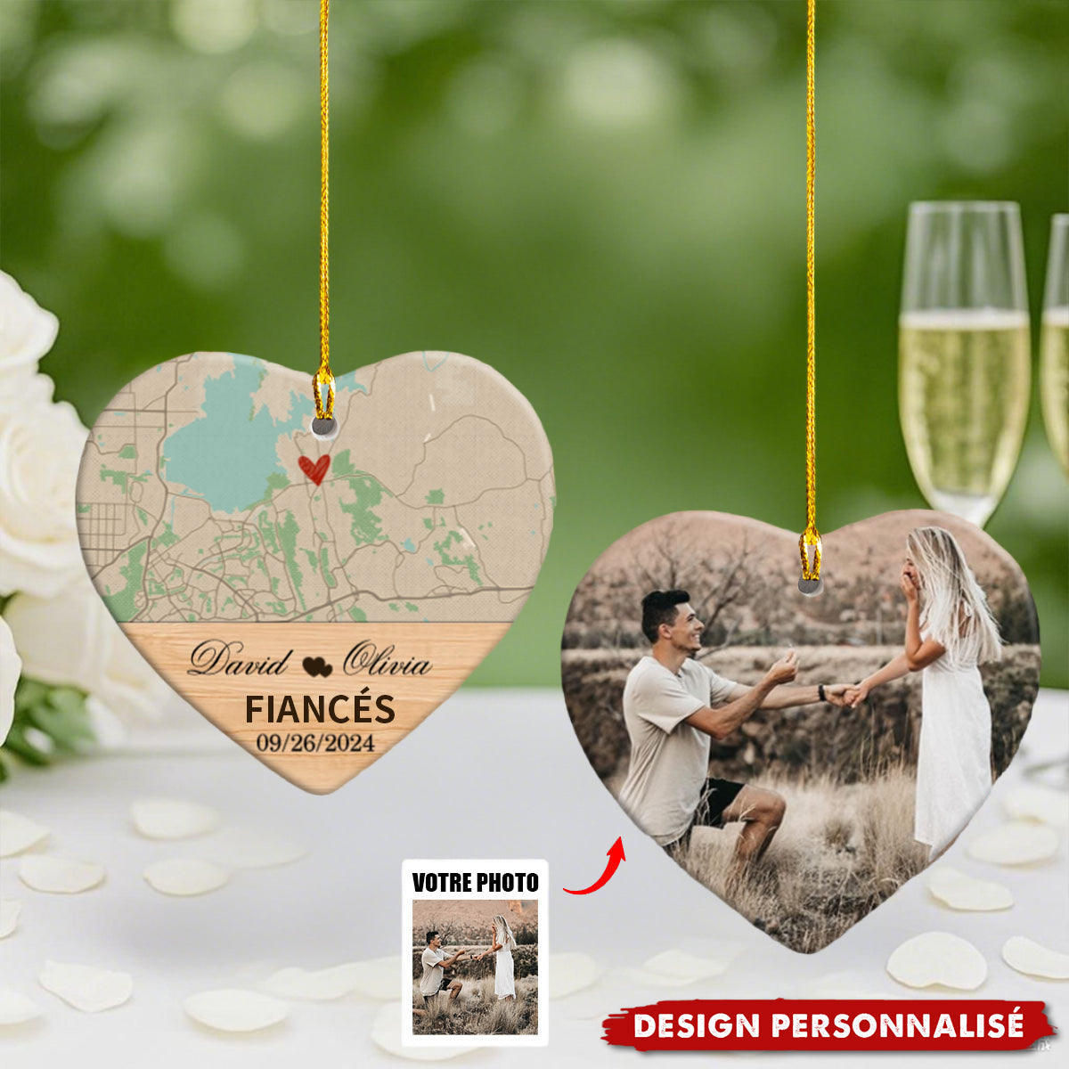 Décoration en Céramique Personnalisée – Engagement avec Carte et Photo