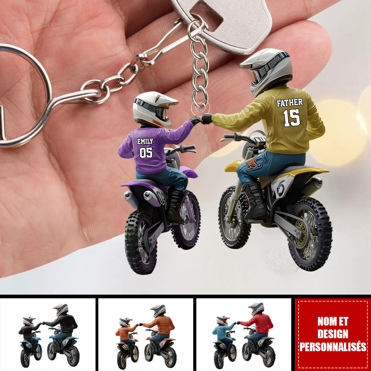 Papa et Enfant en Moto – Porte-clés Acrylique Moto Personnalisé