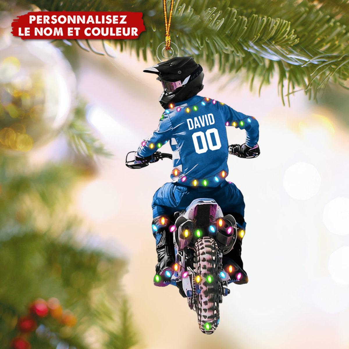 Ornement de Noël Motocross Personnalisée – Ajoutez Nom, Numéro et Couleur